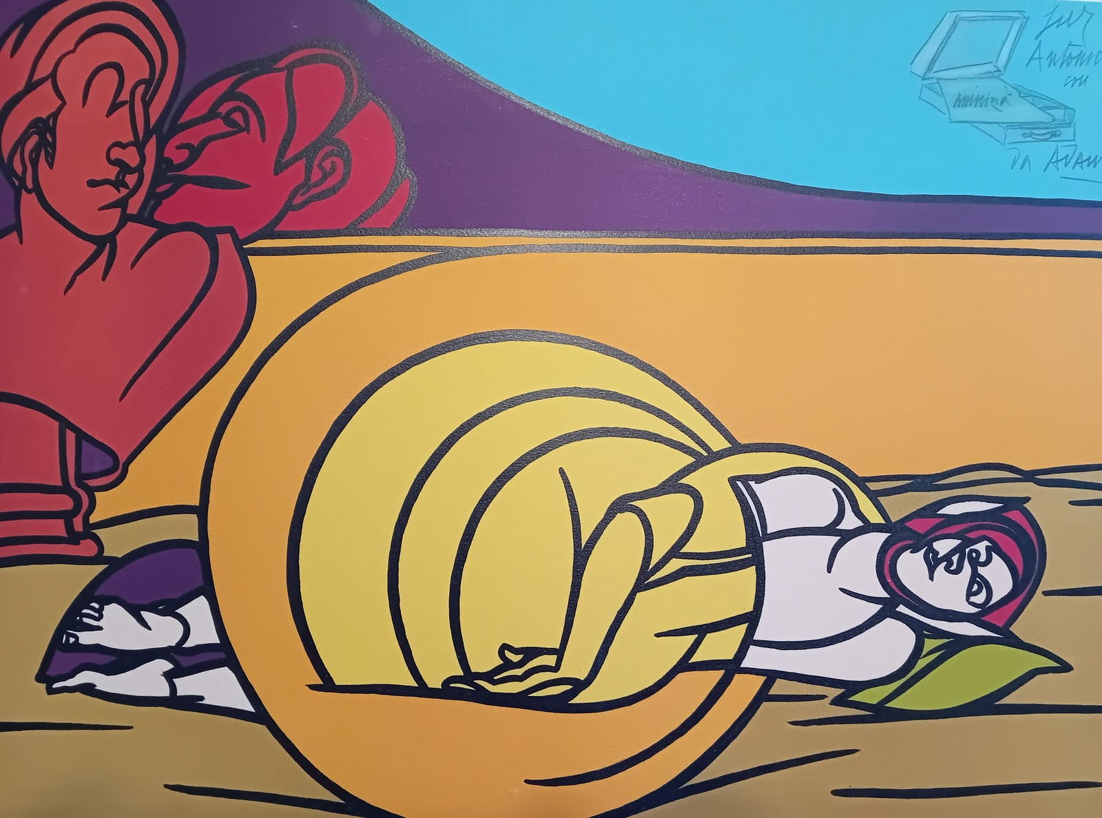 VALERIO ADAMI (Bologna, 1935 – Milan, 2024) – Le Fil d'Ariane…radio France (1970): Color lithograph on Arches wove paper. 56 × 76 cm. Signed lower right. Upper right, dedication and drawing: “Per Antonio con amicizia da Adami.” Original edition of 100 Arabic-numbered copies