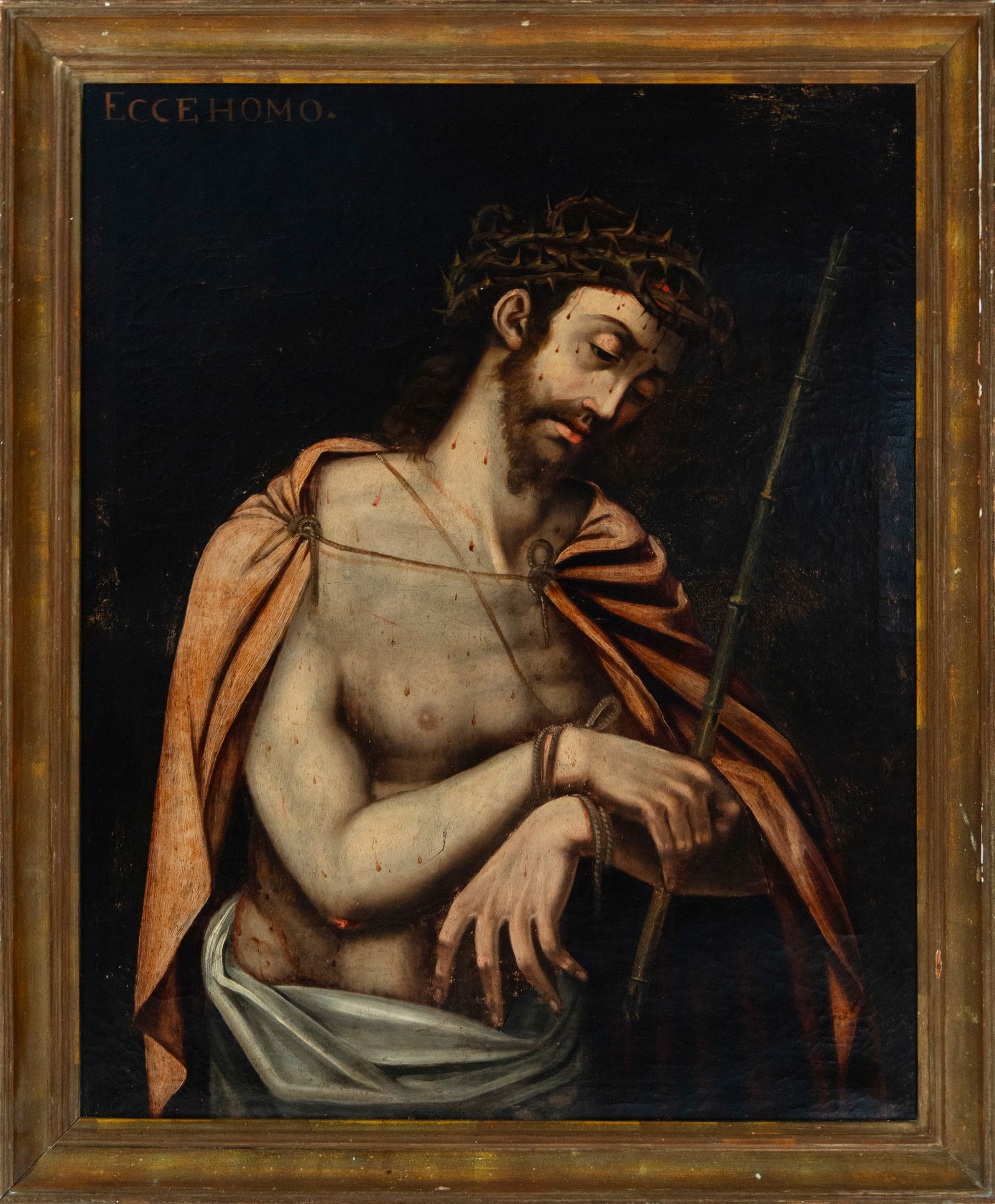Attributed to Vicente Carducho or Vicenzo Carducci (Florence, c. 1576 - Madrid, 1638): Oil on canvas. Dimensions: 96 x 77 cm. This work depicts Christ crowned with thorns, in an attitude of meekness and resignation, with the inscription "ECCE HOMO" in the upper left corner. The composit