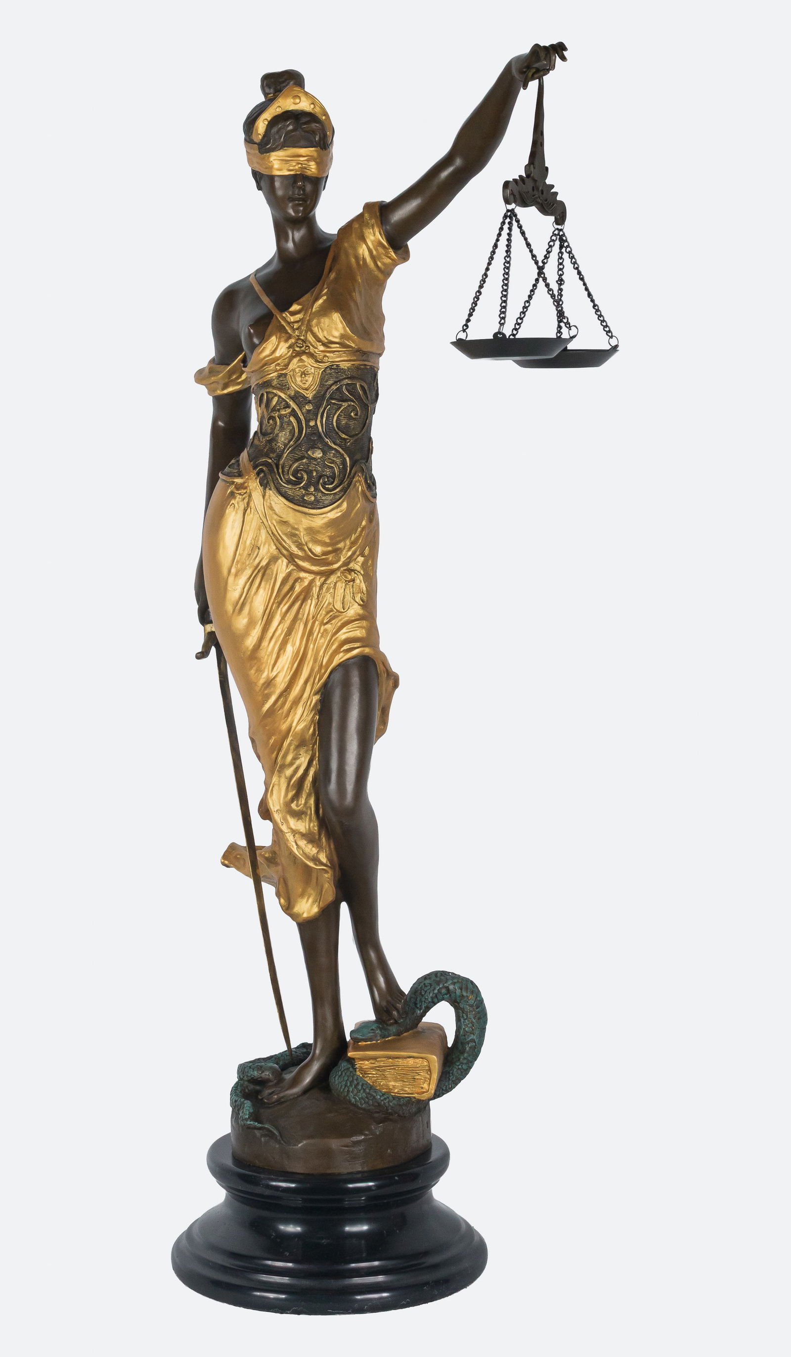 Justice - Bronze Sculpture - Signed Mayer. German School. 19th Century: Patinated, gilded, and polychrome bronze on a marble base. Dimensions: 100 x 40 x 30 cm. Allegorical representation of Justice, with classic iconographic attributes: the scales, the sword, and a blind