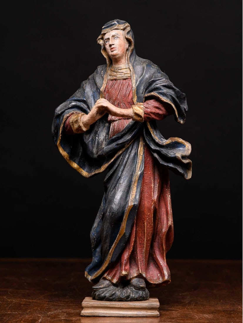 Sculpture of Mary Magdalene, German School, 18th century: Carved and polychromed fruitwood. Dimensions: 54 × 17 × 11 cm. Baroque sculpture depicting Mary Magdalene in contemplation, with the soft features and elegance characteristic of 18th-century German