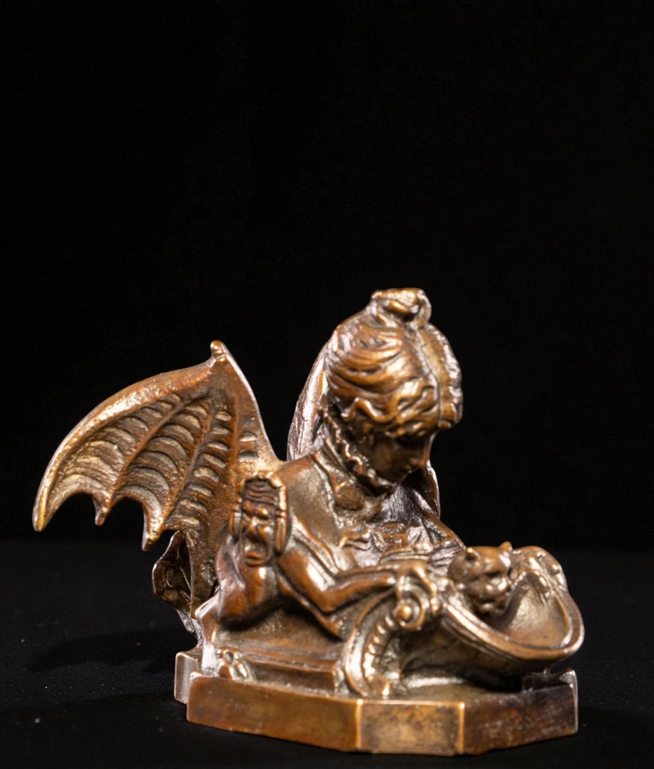 Chimera, self-portrait of Sarah Bernhardt, France, 19th–20th century: Cast bronze. Dimensions: 8 × 5 × 10 cm. A small but extraordinary bronze sculpture depicting a chimera self-portrait of the celebrated French actress Sarah Bernhardt (1844–1923), an iconic figure