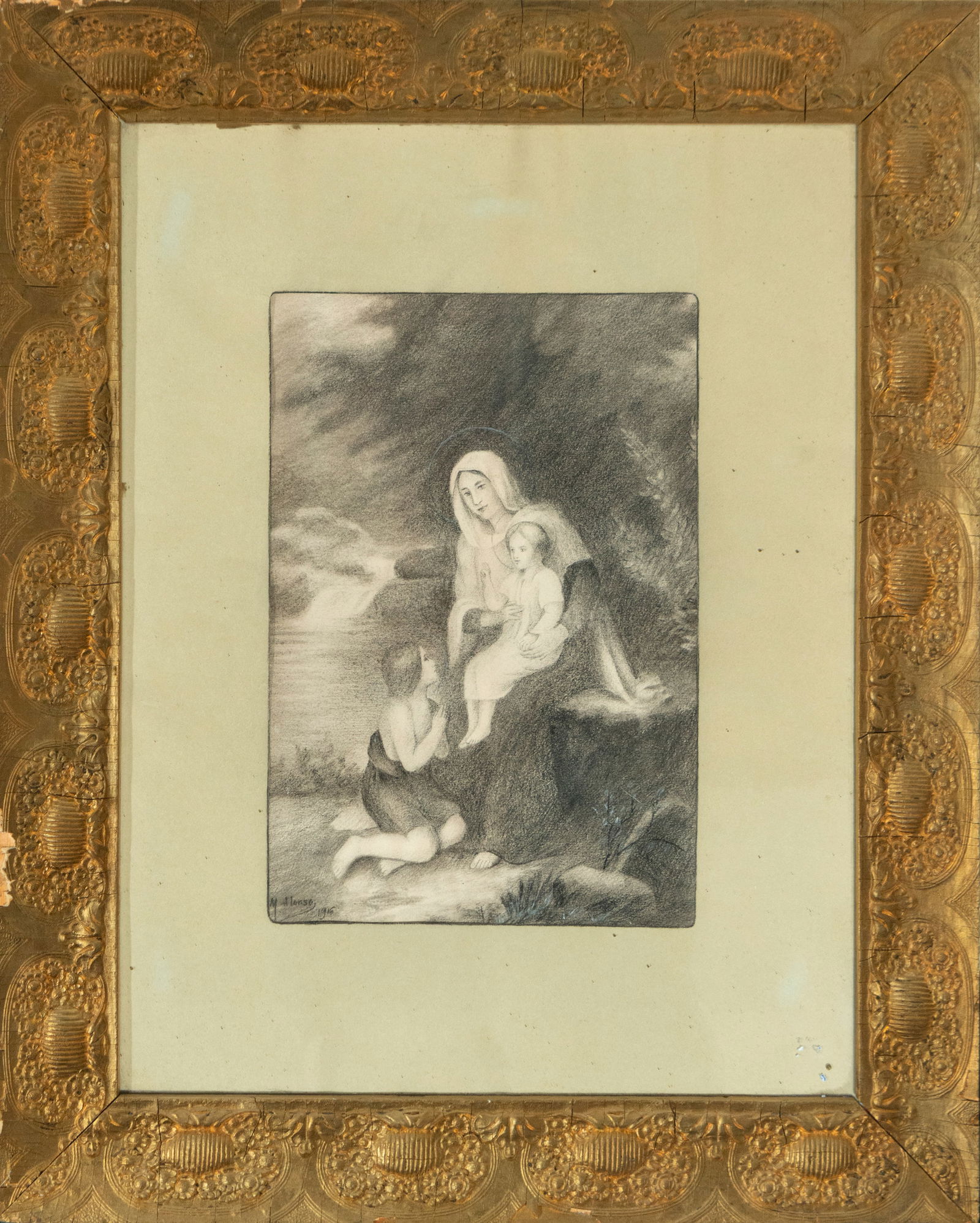 M. Alonso, Nazarene painter, Virgin with Child and Saint John, graphite and charcoal on paper (1 of 5)