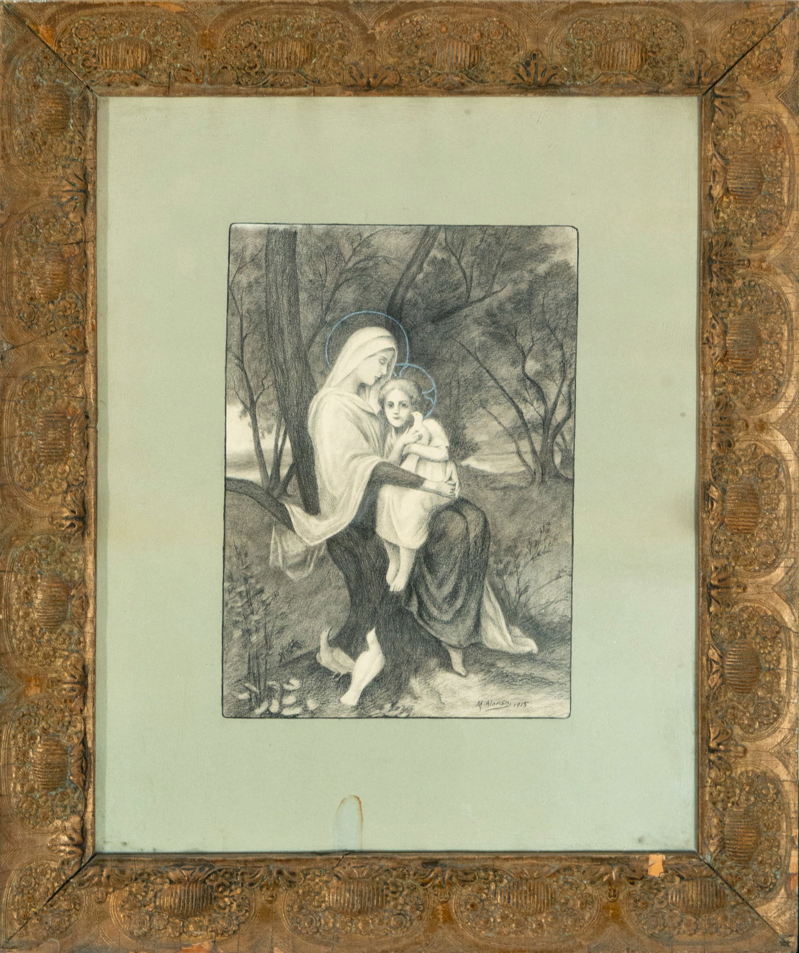 M. Alonso, Nazarene painter, Virgin and Child, graphite and charcoal on paper (1 of 5)