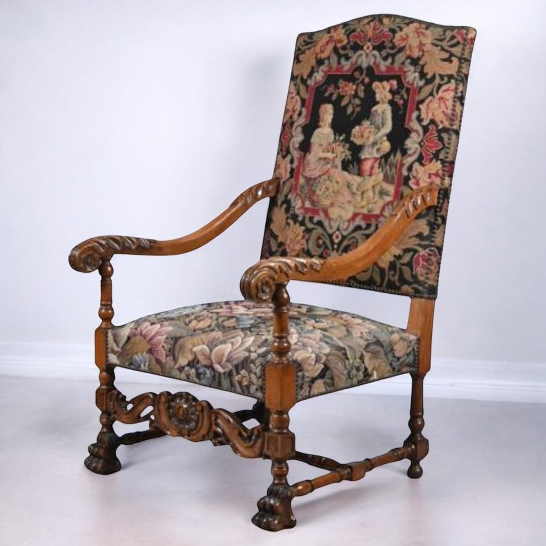 “à la Reine?? armchair in carved walnut and needlepoint tapestry upholstery, Italian School, (1 of 5)