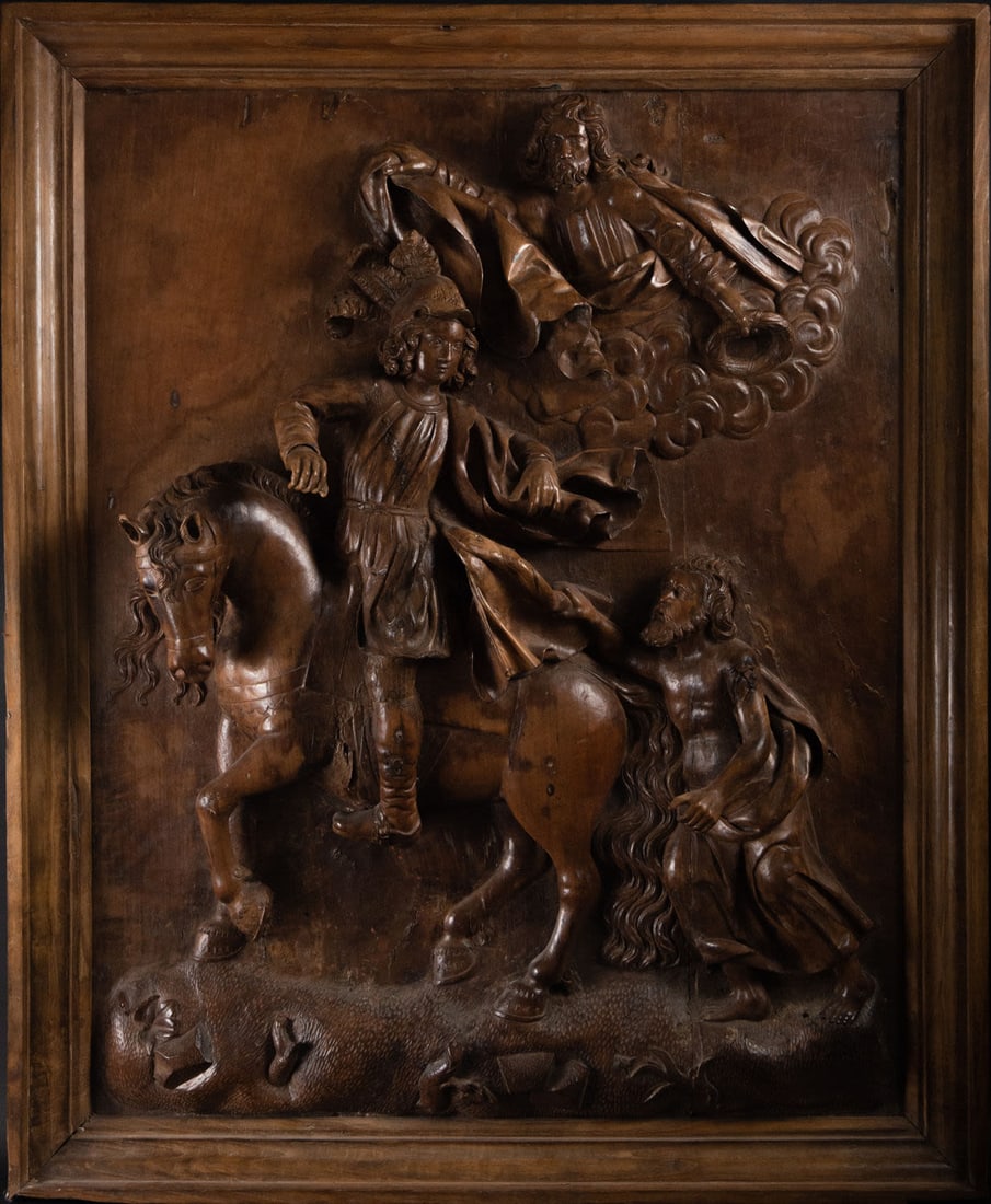 Very Important Large relief in oak wood of Saint Martin on Horseback, German Renaissance school of: Framed measurements: 114 x 93 x 9 cm. Table measures: 99 x 80 x 8 cm
