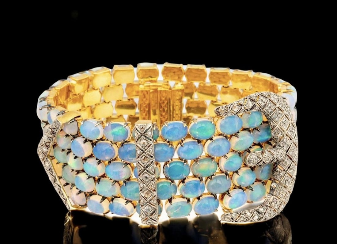 Important Art Nouveau wide bracelet in 18k gold with opals and diamonds (1 of 4)