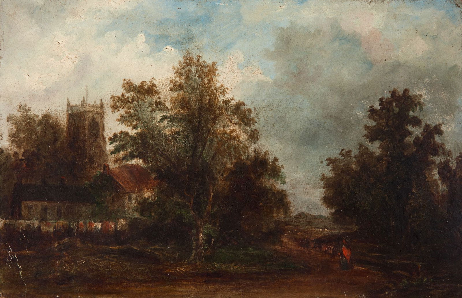 John Constable RA (Suffolk, 1776 - Ibidem, 1837) Attributed - Woodland landscape with church and: Oil on panel. Dimensions: 22 x 33 cm. This work presents a rural landscape with a distinctly Constable atmosphere, and is particularly evocative due to its clear affinities with The Haywain: the peasa