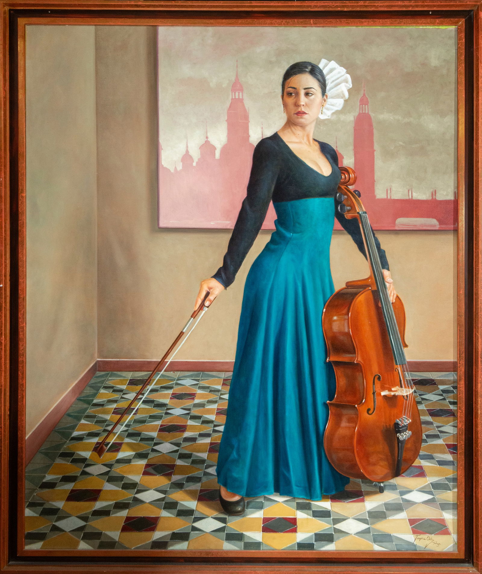 Woman with musical instrument. Juan Carlos Espina Ortiz (Spain, 20th-21st century).: Oil on canvas. Dimensions 149 x 117 cm (painting) and 158 x 122 cm (total). Contemporary portrait of a woman with a cello, with a balanced composition and realistic treatment. The figure stands on a f