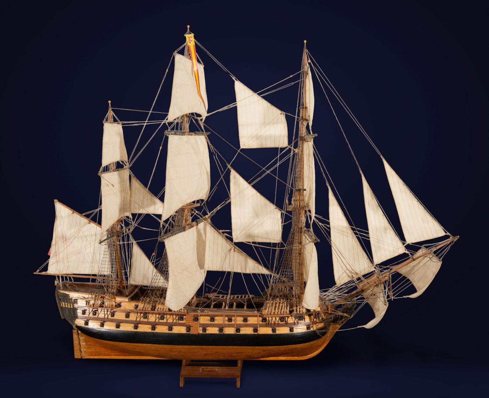 Model of the ship San Juan de Nepomuceno. Spain. 20th century.: Handmade wooden model ship with fabric sails and detailed rigging. Measures 80 x 104 x 28 cm. It represents the Spanish ship San Juan de Nepomuceno, famous for its participation in the Battle of Trafa