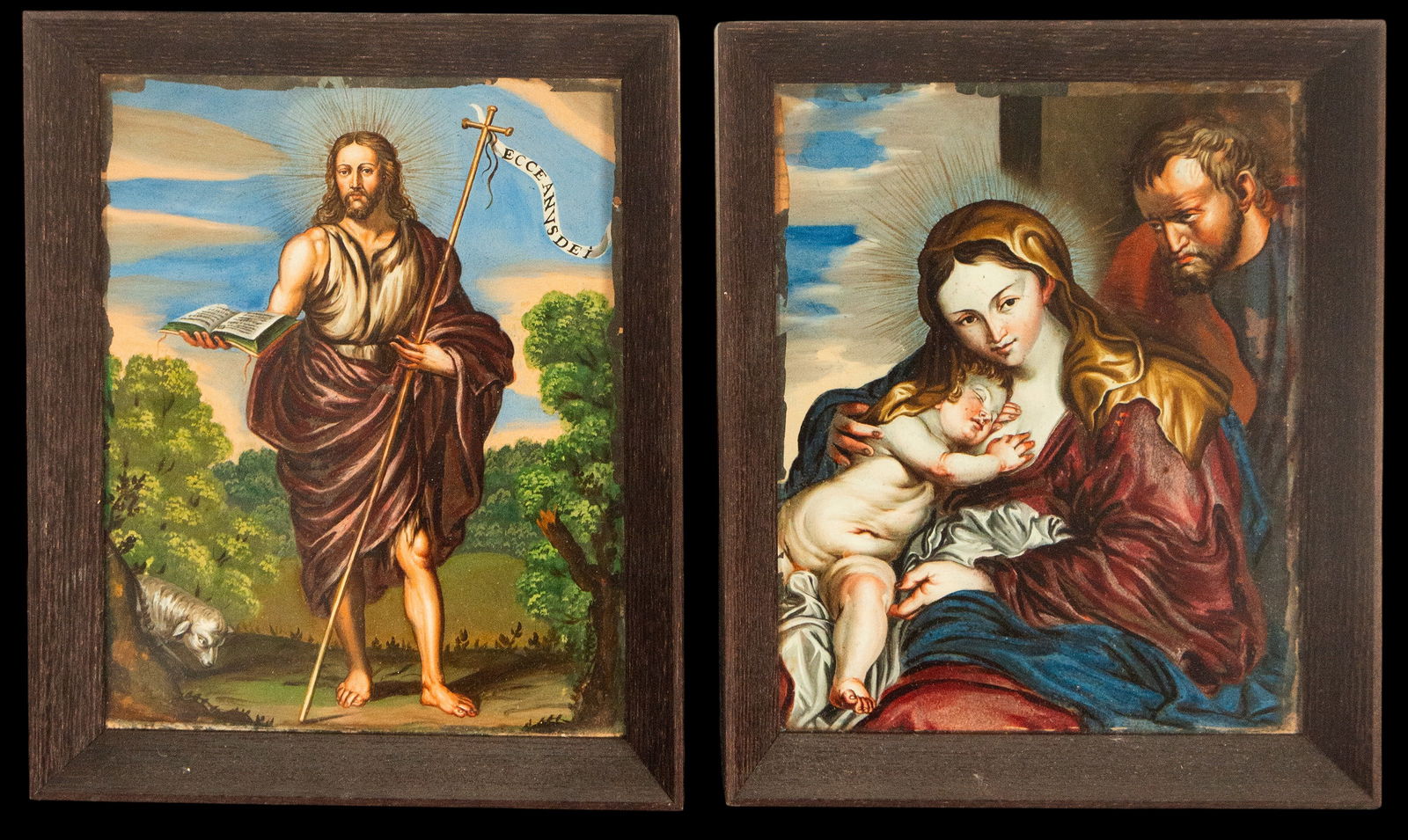 Pair of stained glass windows depicting the Holy Family and Saint John the Baptist, Italian School,: Fire-painted and enameled glass on a translucent background. Dimensions: 26 × 20 cm; 31 × 24 cm. Set of two devotional glass panels depicting the Holy Family and Saint John the Baptist, both rendere