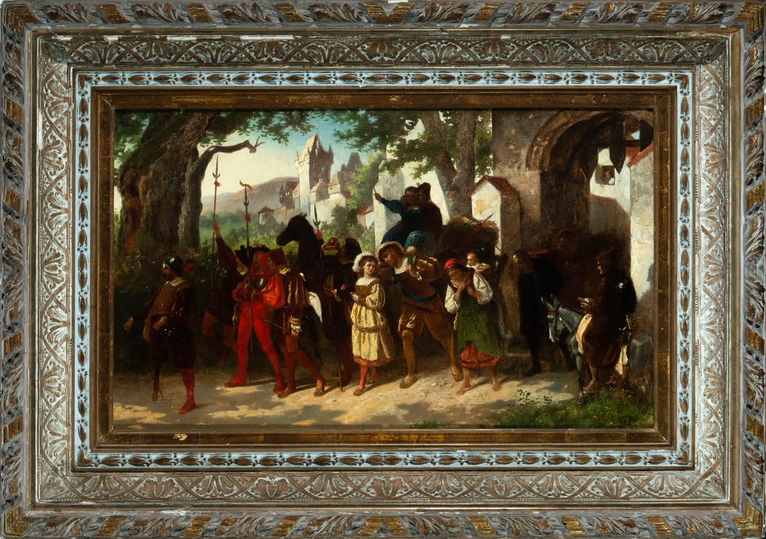 The Procession, George Roessler, German school, 19th century: Canvas measures 82 x 50, 102 x 77 cm framed