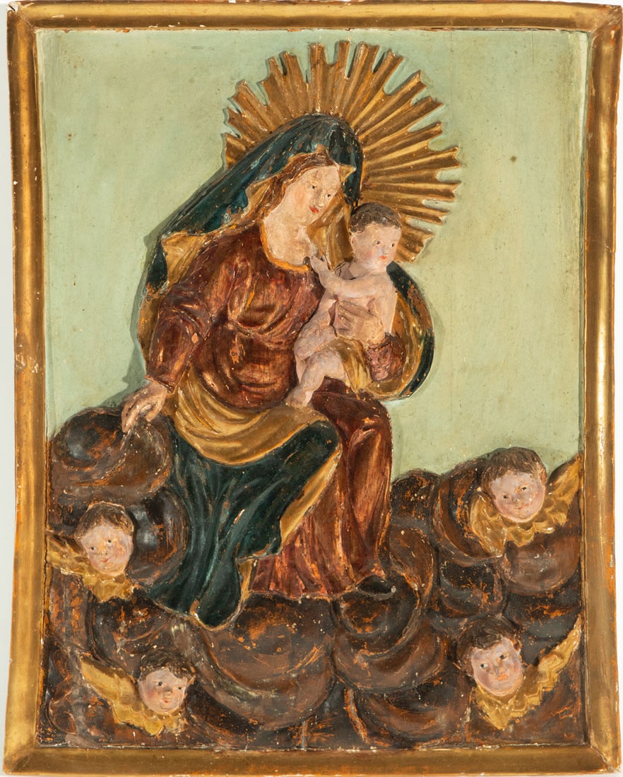 Madonna with Child in polychrome wood relief, Italy, 18th century (1 of 4)