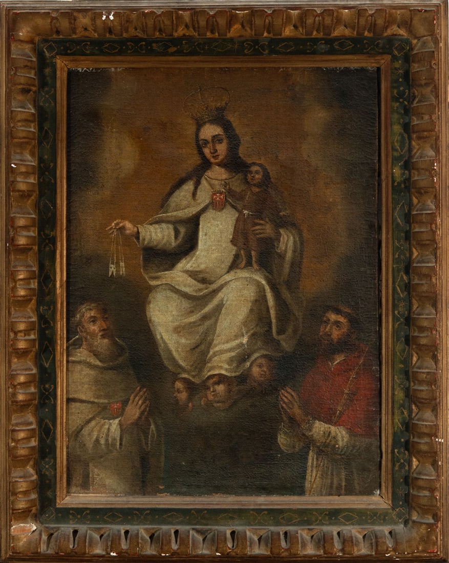 Virgen del Carmo next to St Simon and St Augustine, colonial school of the 17th century (1 of 5)