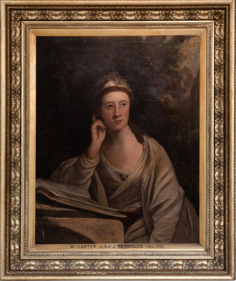 Sir Joshua Reynolds (1723–1792) Circle - Portrait of Lady Elisabeth Carter: Oil on canvas. Dimensions: 92 × 72 cm. Elegant 18th-century female portrait attributed to the British master Sir Joshua Reynolds, one of the founders and first president of the Royal Academy. The wor