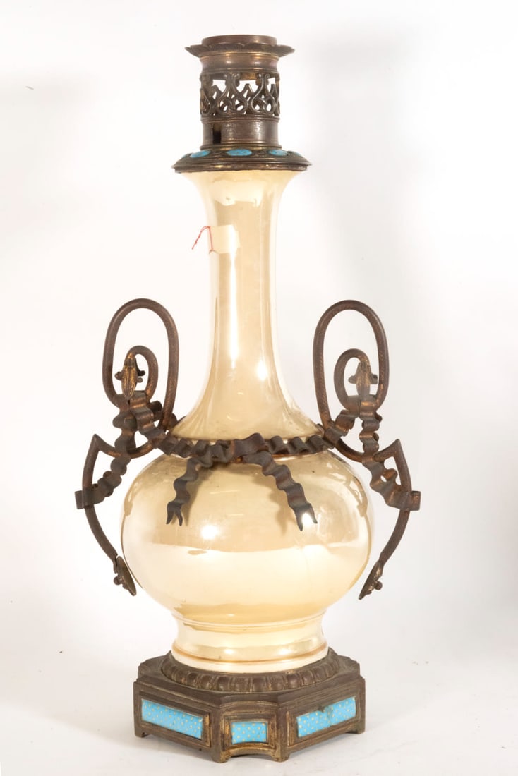 19th century French lamp with Limoges enamels in "Bleu Celeste" and gold guilloché stars. France,: Measurements: 50 x 15 x 15 cm, the lantern is missing.
