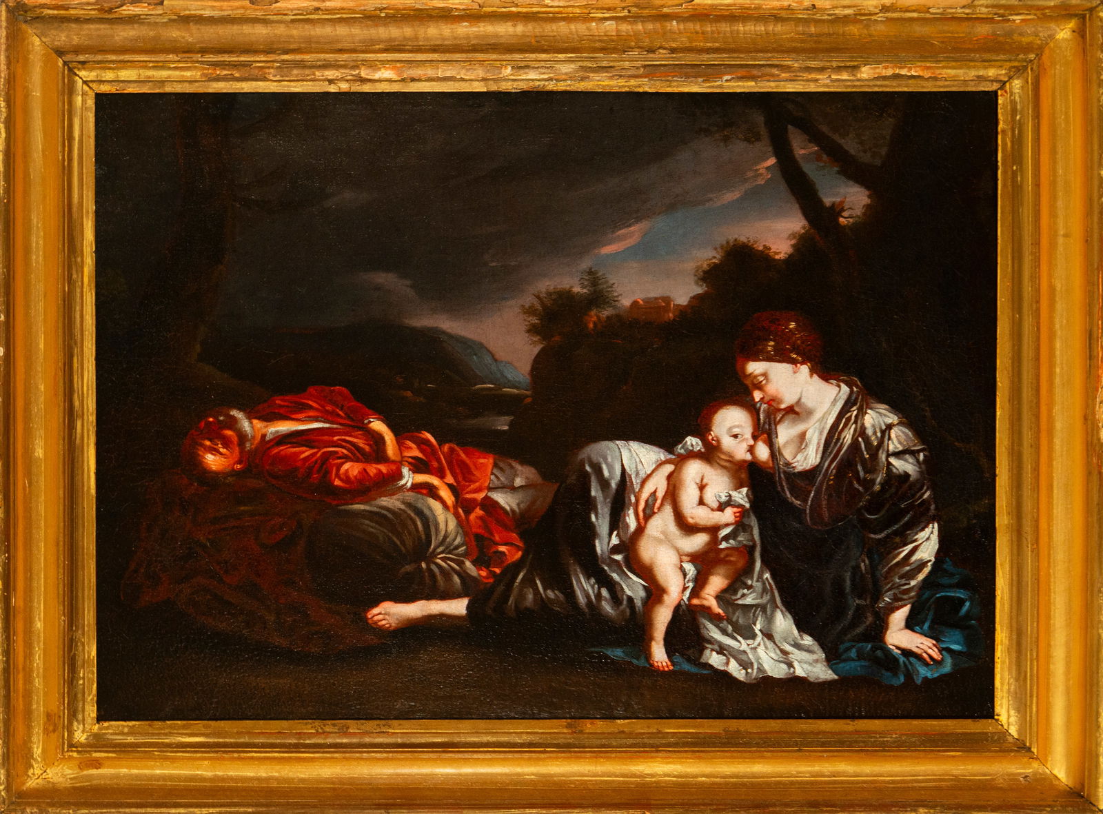 Rest on the Flight into Egypt. Italian School. 17th Century: Oil on canvas. Dimensions: 48 x 63 cm. The Holy Family appears in a twilight landscape: Saint Joseph sleeps in the background while Mary, seated on the ground, breastfeeds the Child Jesus, in an intim