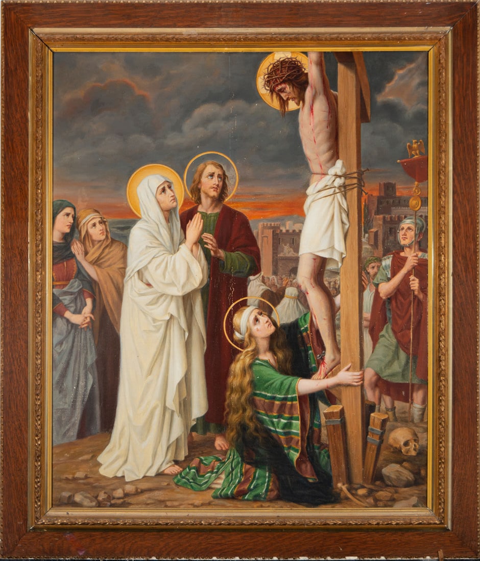 Virgin Mary with Saint John and Mary Magdalene at Calvary, 19th century Italian school: Oil on canvas, framed, framed dimensions: 110 x 93, canvas dimensions: 90 x 73 cm