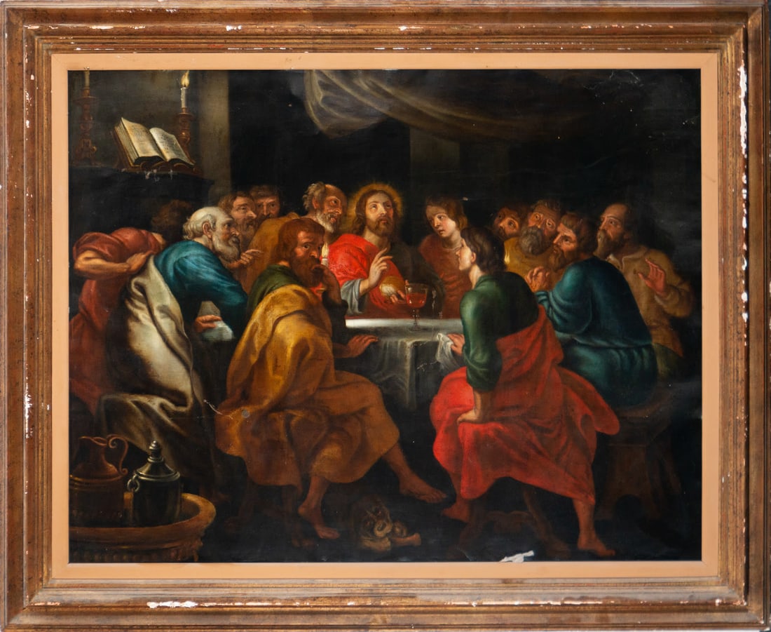 Christ Blessing the Bread, 17th-century Italian school: Oil on copper, framed, framed measurements: 109 x 89, copper measurements: 94 x 74 cm