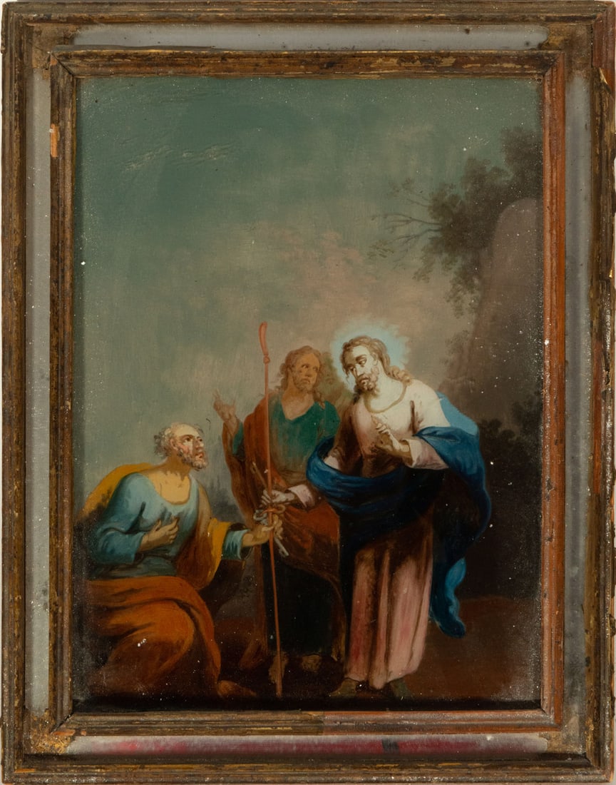 Christ with Saint Peter on glass, 18th century Italian school: In oil painted glass, glass measurements: 26 x 19 cm, 31 x 25 cm