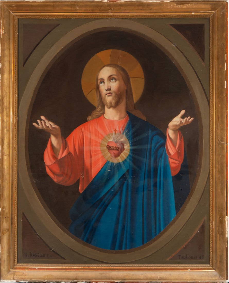Sacred Heart of Jesus, 19th century Italian school: Oil on canvas, framed dimensions: 131 x 105, canvas dimensions: 116 x 91 cm