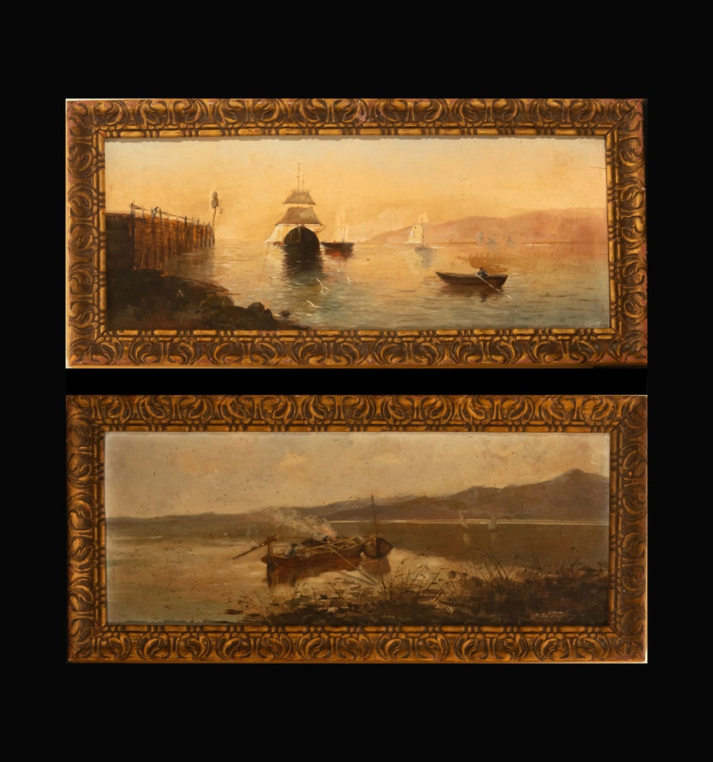 Pair of forest views on panel, signed, 19th-20th century European post-impressionist school: Each board measures: 47 x 18 cm, framed measures: 57 x 25 cm