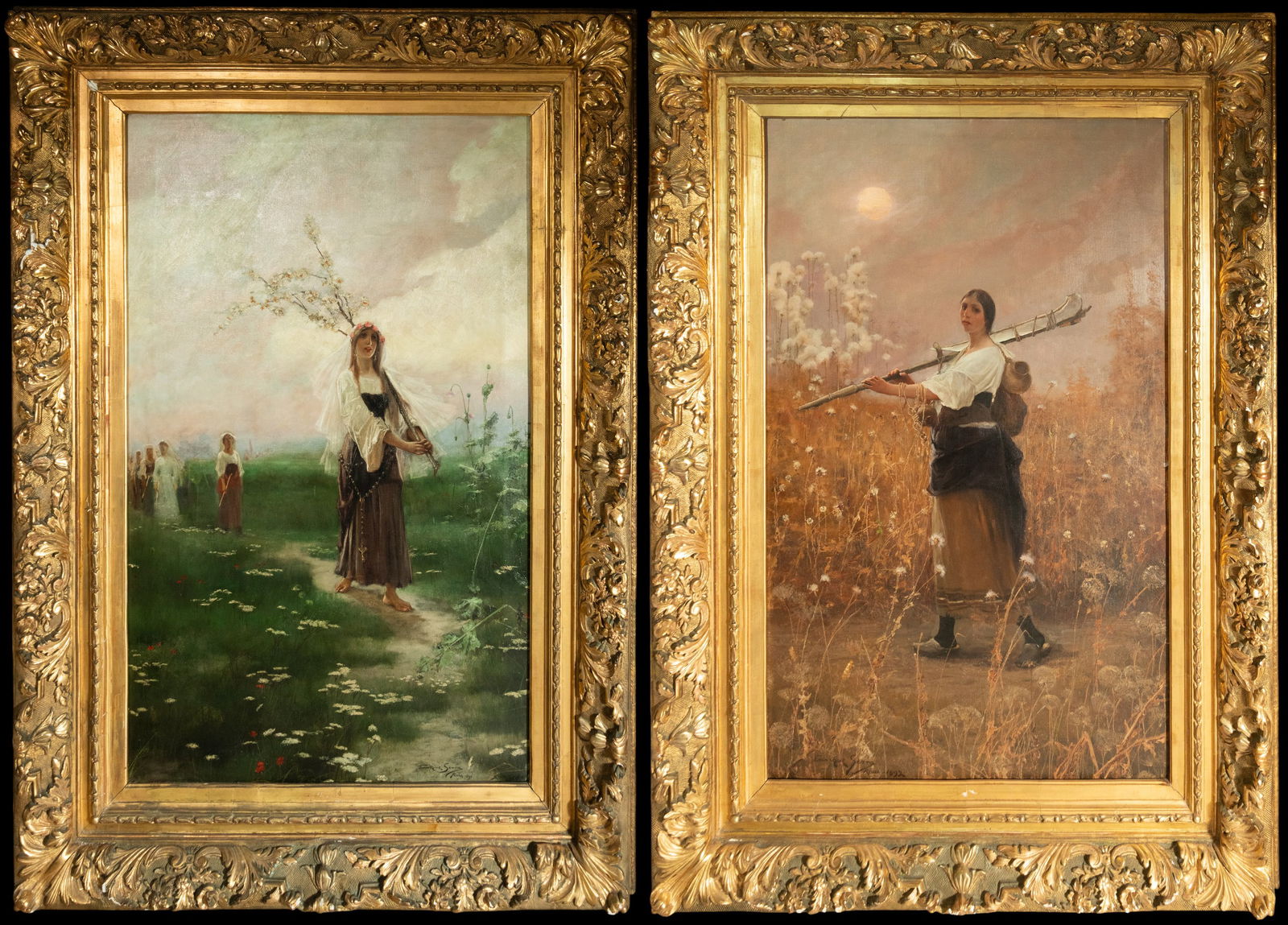 ENRIQUE SERRA AUQUE (1859-1918) 19TH C ROMANTIC SCHOOL - LARGE PAIR OF ROMAN PEASANTS: Large pair of oil paintings on canvas, depicting peasant women, painted in 1892 during his Roman period. Each canvas measures 116 x 70 cm, with substantial gilded solid wood frames measuring 150 x 102