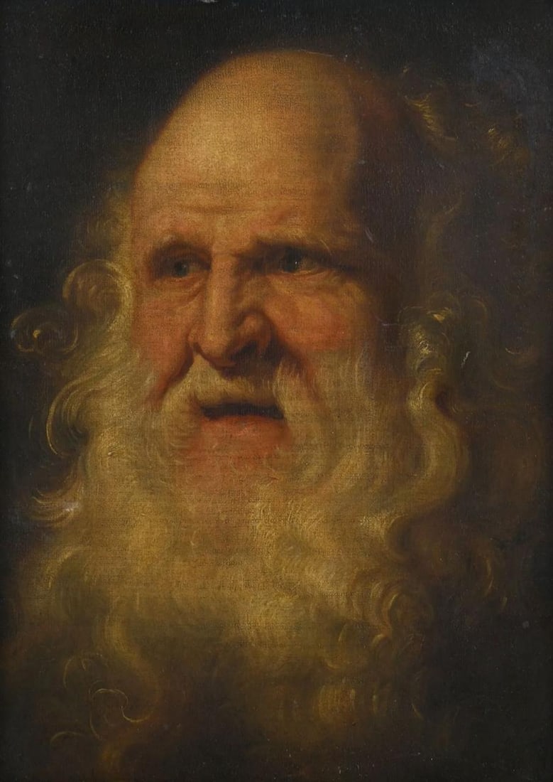 Portrait of a bearded man. Flemish School. 17th century: Oil on canvas. Dimensions: 45.5 x 32.5 cm. The portrait depicts the bust of an imposing elderly man with a long, wavy white beard, a penetrating gaze, and a stern expression. The dark background accen