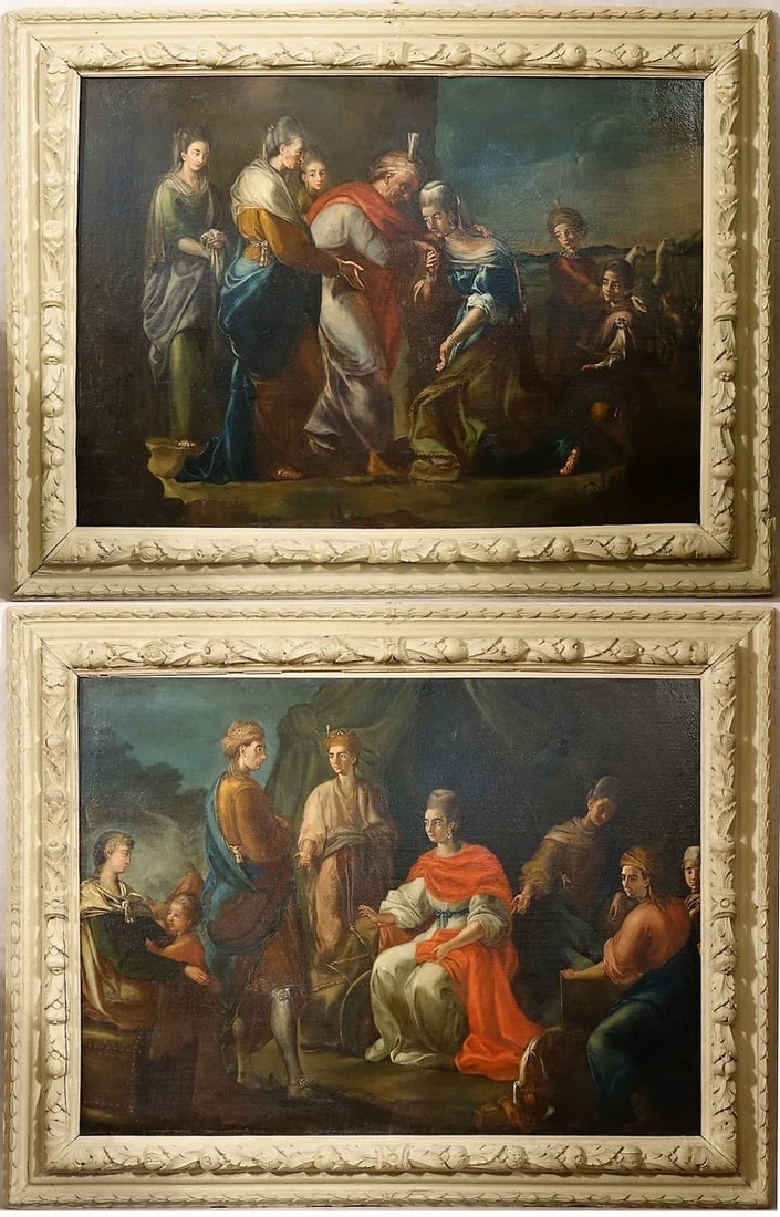 17th Century Italian School - Pair of scenes of Solomon and the Queen of Sheba: Oil on canvas. Dimensions: 99 x 137 cm. A pair of important paintings belonging to the late 17th-century Italian school depicting the biblical episode of King Solomon and the Queen of Sheba, specifica