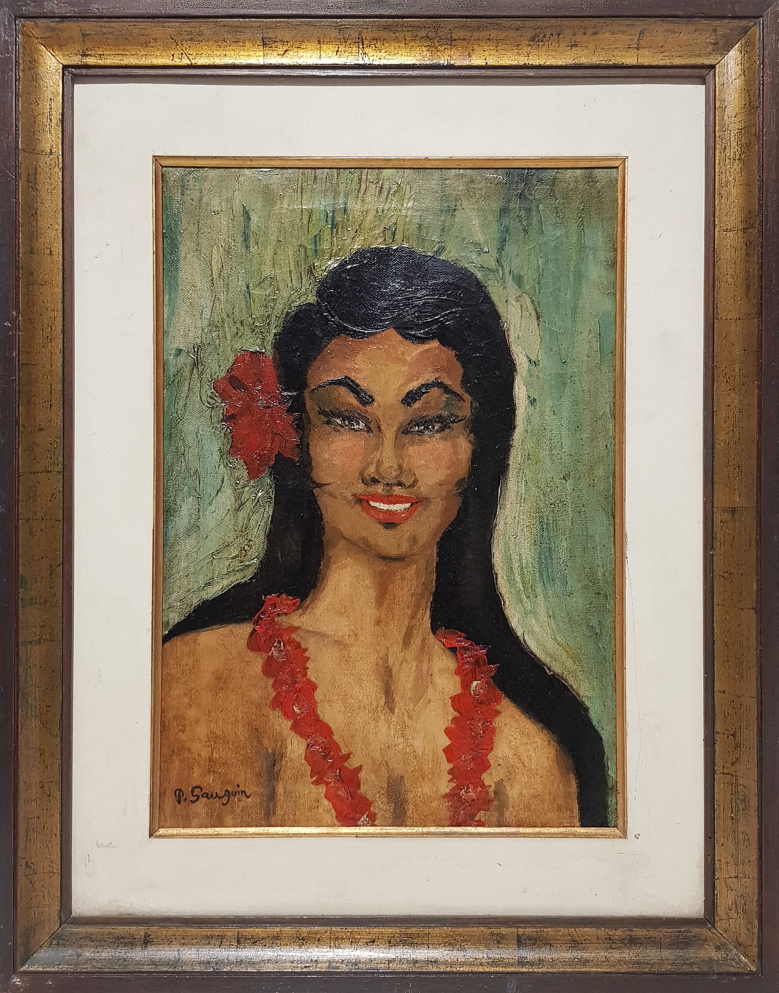 Paul Gauguin (Paris, 1848 – Atuona, Marquesas Islands, 1903) signed - Portrait of a Tahitian woman: Oil on canvas. Dimensions: 50 × 35 cm. This is an antique oil on canvas depicting the portrait of a young Tahitian woman, shown in bust view, with floral necklaces around her neck and a flower in her