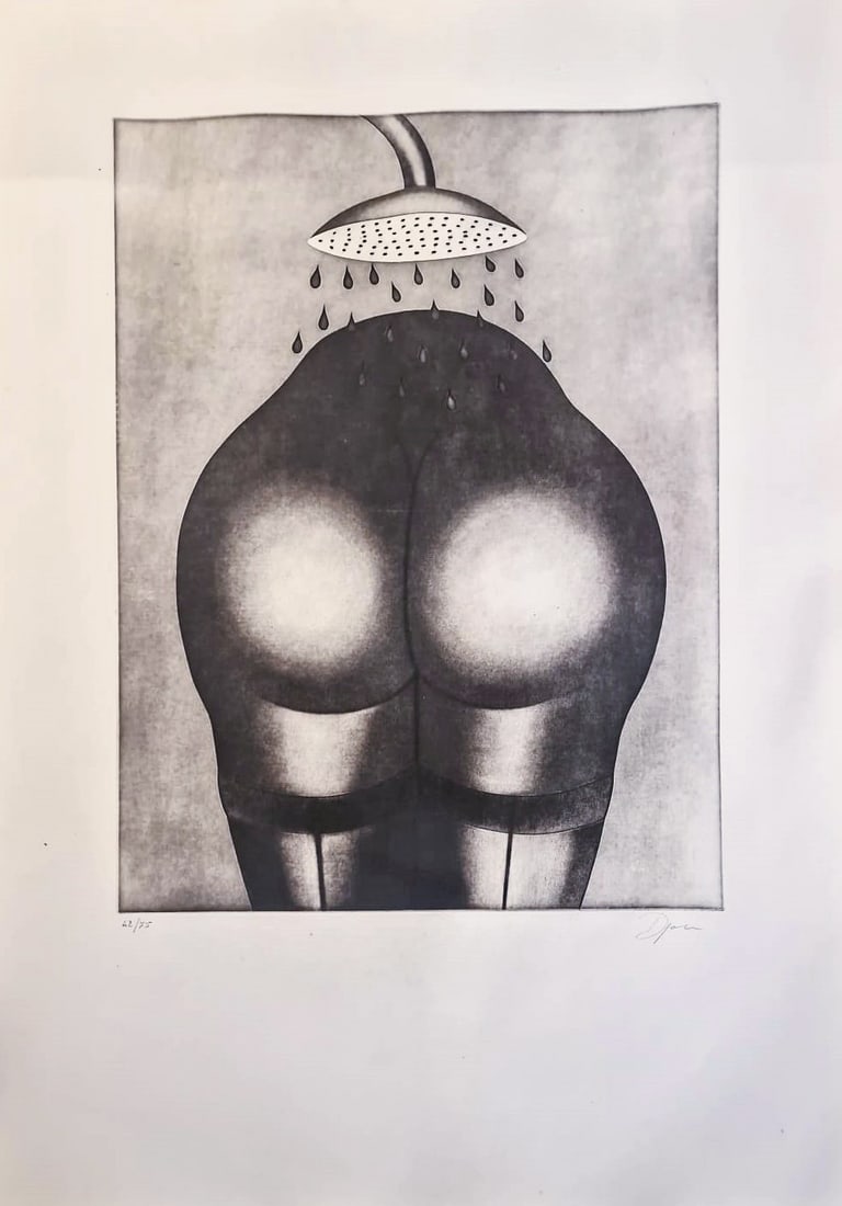 Zivko Djak (Eastern Europe, active in the second half of the 20th century) – Senza titolo: Etching on paper, 99 × 70 cm. Signed in the lower right corner, this is copy number 42 of an edition of 75 numbered copies. The composition presents a highly symbolic and suggestive image, constructe