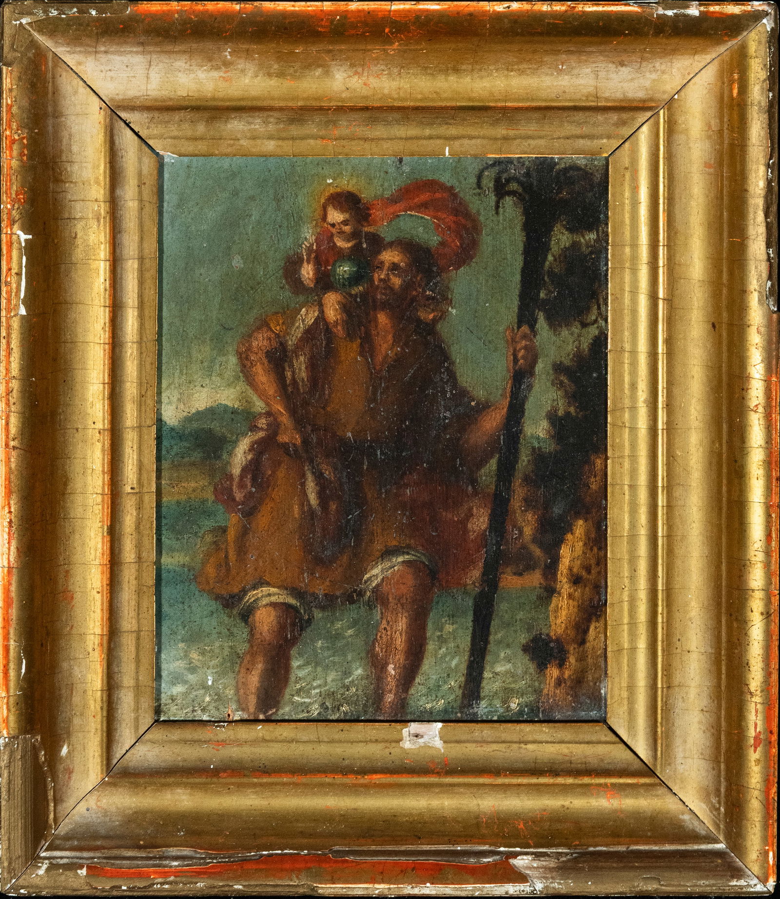 Flemish Saint Christopher on panel, 17th century: Oil on panel: 28 x 24 cm, 19 x 16 cm, copper.