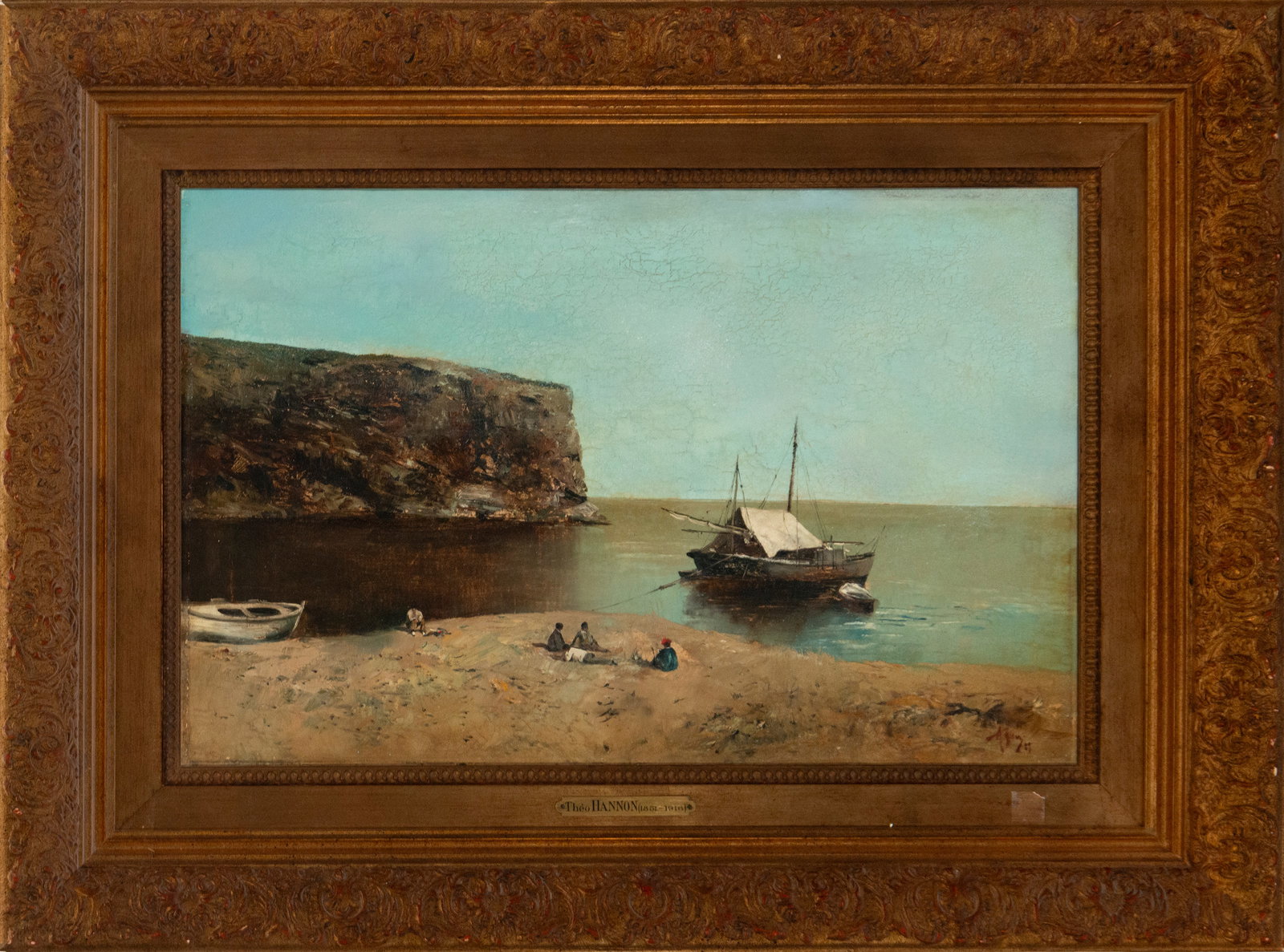 Coastal landscape with boats. Signed Theo Hannon. Belgian School. 19th century. (1 of 4)