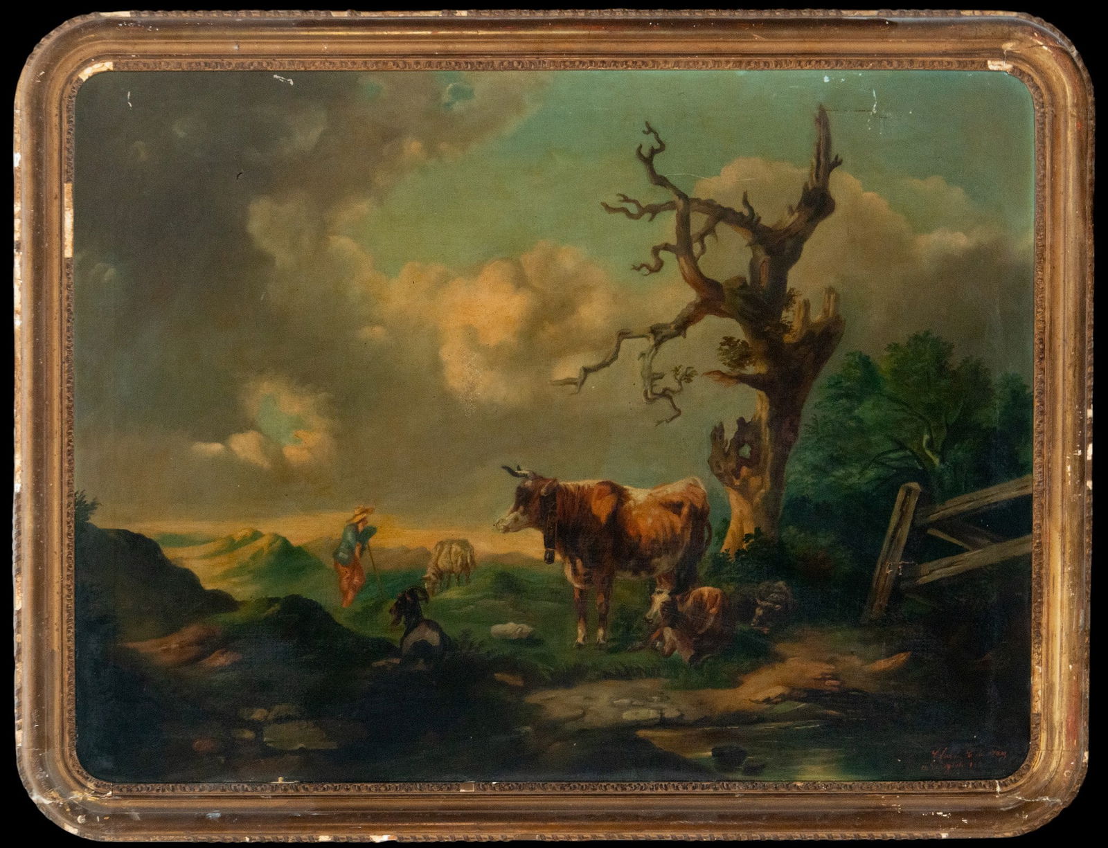 Pastoral landscape with livestock and shepherds. Central European school. 19th century.: Oil on canvas. Dimensions: 92 x 70 cm unframed, 102 x 80 cm framed. This expansive pastoral scene presents a balanced composition in which a group of cows and goats rest beside a withered tree, while