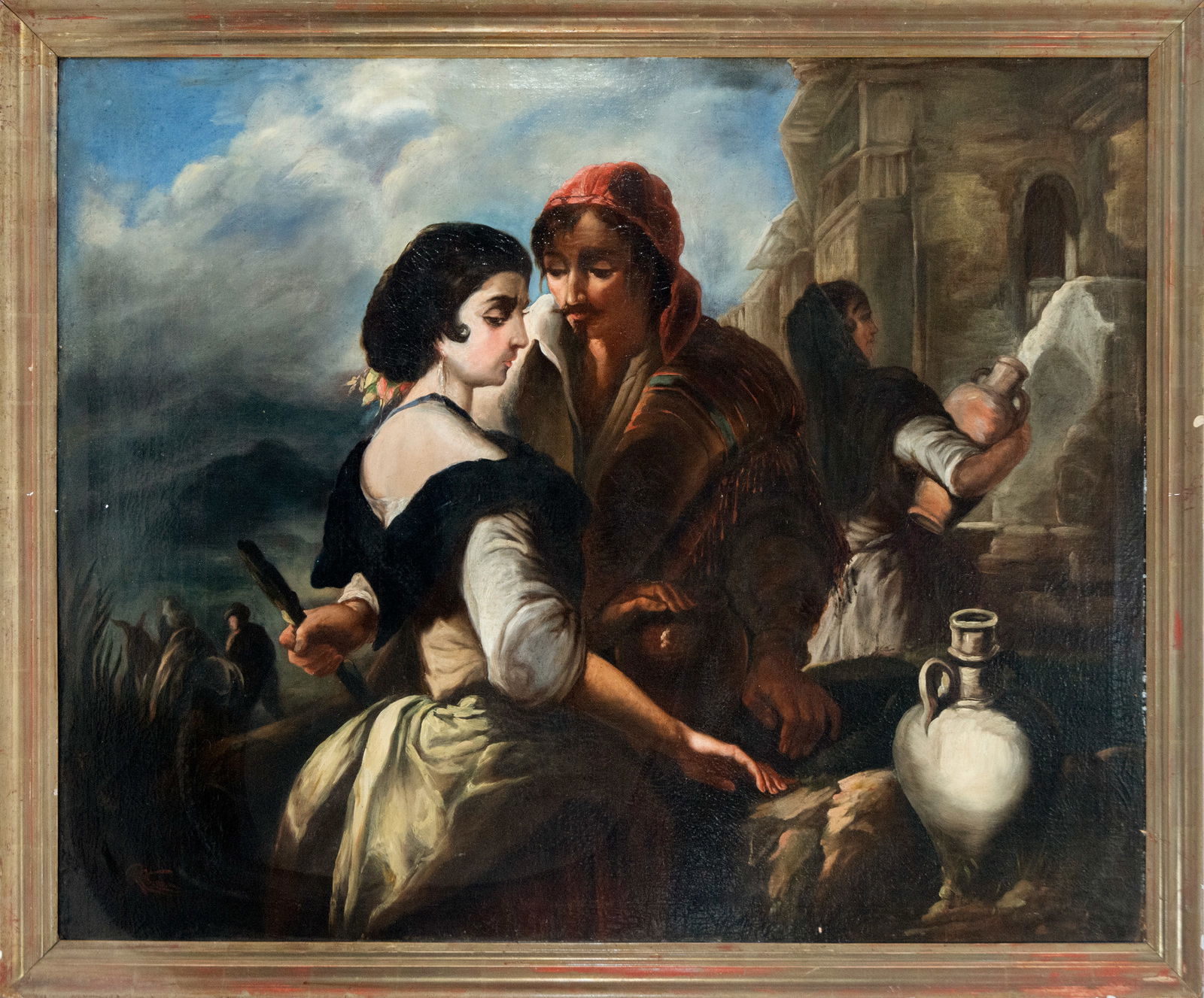 Peasant courtship scene. European Romantic school. 19th century.: Oil on canvas. Dimensions: 105 x 85 cm and 114 x 95 cm. The scene depicts an encounter between two peasant figures in an idealized rural setting, where a young woman and a man in a flirtatious pose do