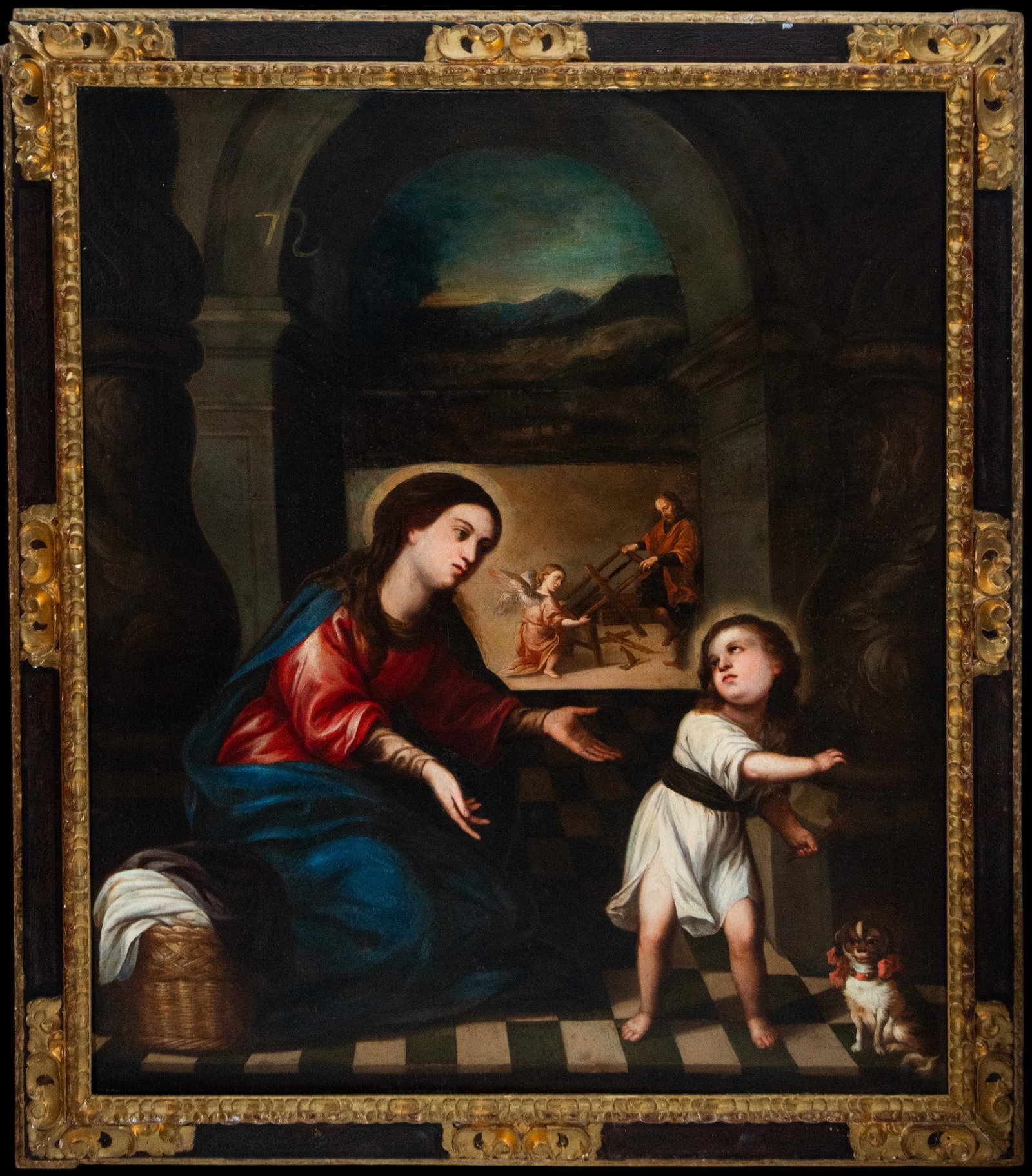 The Virgin and Child with Saint Joseph in the workshop. New Spanish Baroque school. 18th century: Oil on canvas. Dimensions: 172 x 147 cm and 196 x 173 cm. The scene depicts the Holy Family in a domestic space that transforms into a workshop, where Saint Joseph works with wood in the background wh