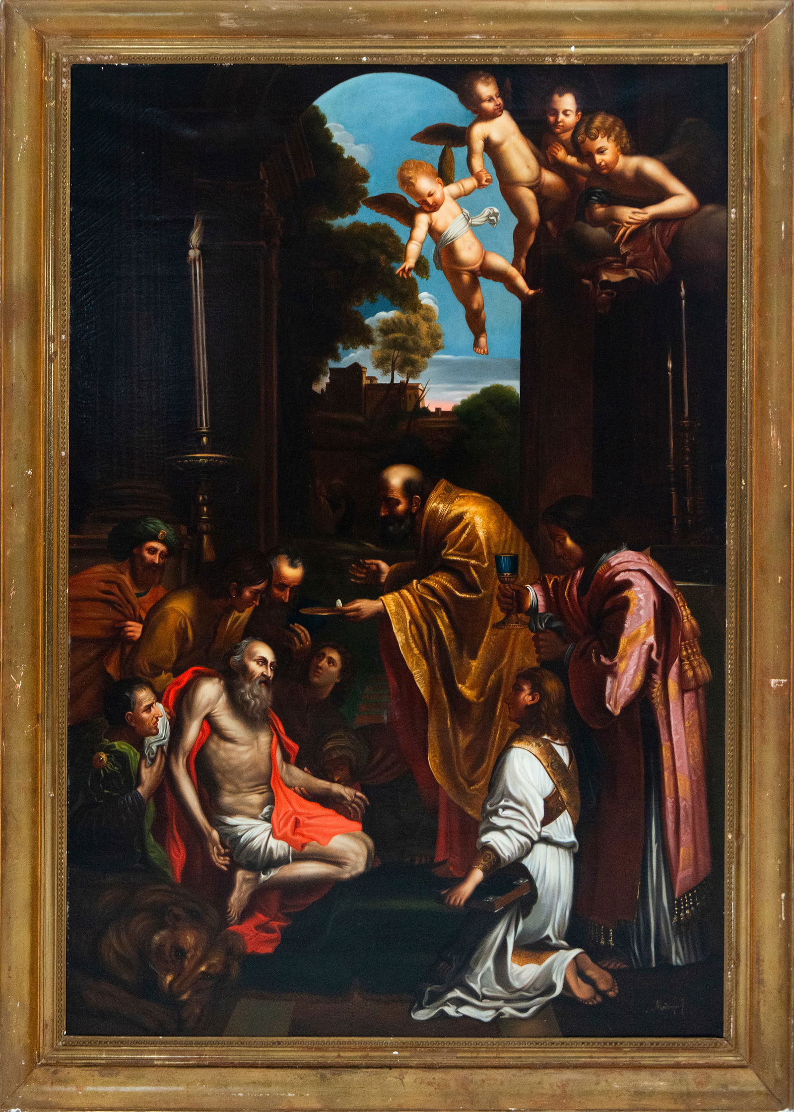 Communion of Saint Jerome. New Spanish Baroque School. 18th Century: Oil on canvas. Dimensions: 158 x 107 cm and 176 x 127 cm. The scene depicts the communion of Saint Jerome in his final moments, surrounded by monks and acolytes who attend to him spiritually. The sain