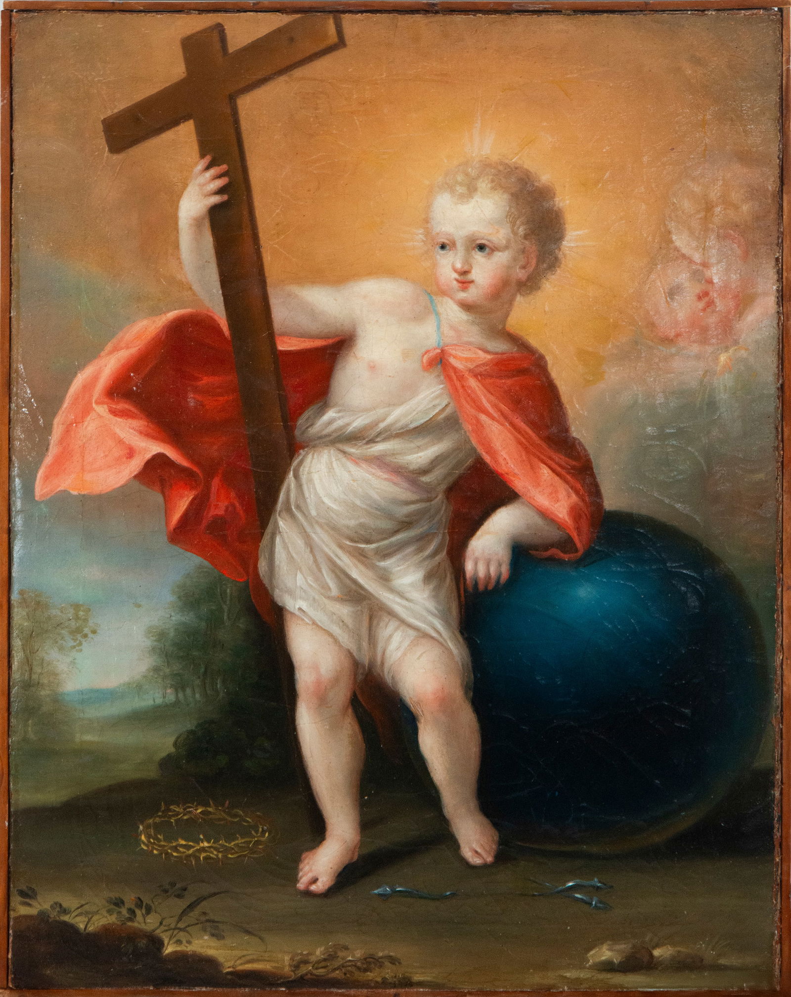 Child Jesus Savior of the World. Andean colonial school. 18th century.: Oil on canvas. Dimensions: 64 x 49 cm. The image depicts the Christ Child in a symbolic pose as Savior of the World, standing, resting on a blue orb, holding the cross in one hand, and gazing directly