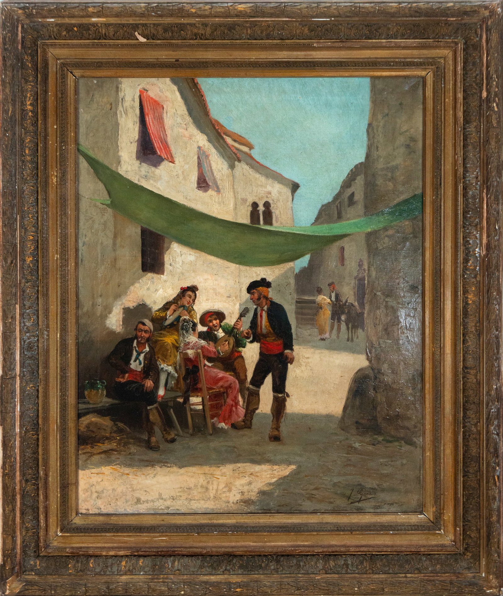 Popular Andalusian scene. Signed J. García. Spanish School. 19th century.: Oil on canvas. Dimensions: 111 x 89 cm with frame, 84 x 64 cm without frame. A genre scene set in an Andalusian street, with a group of figures engaged in lively conversation: a guitarist, men and wom