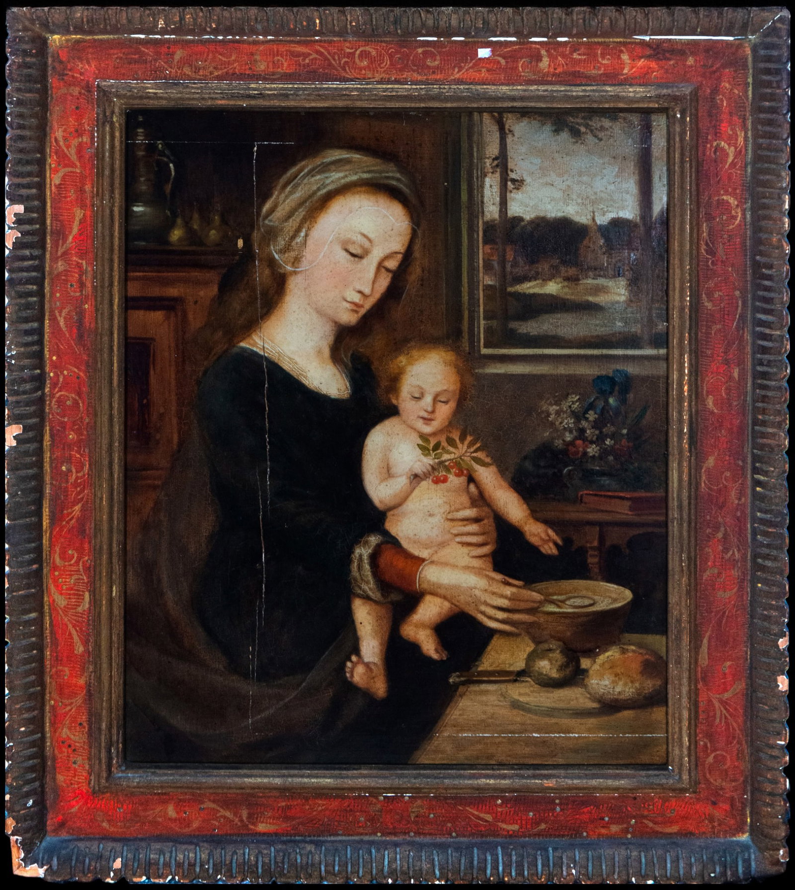 Virgin and Child indoors. Flemish School of Jos van Cleeve - 17th Century.: Oil on panel. Measurements: 73 x 61 cm with frame, 59 x 46 cm