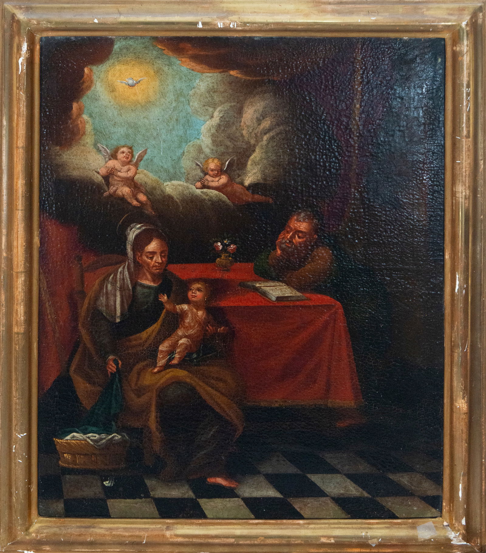 Holy Family with Angels. Spanish School. 18th Century.: Oil on canvas. Dimensions: 74 x 56 cm with frame, 64 x 47 cm without frame. Holy Family in an interior setting, with the Virgin Mary seated holding the Child, Saint Joseph in the background leaning on