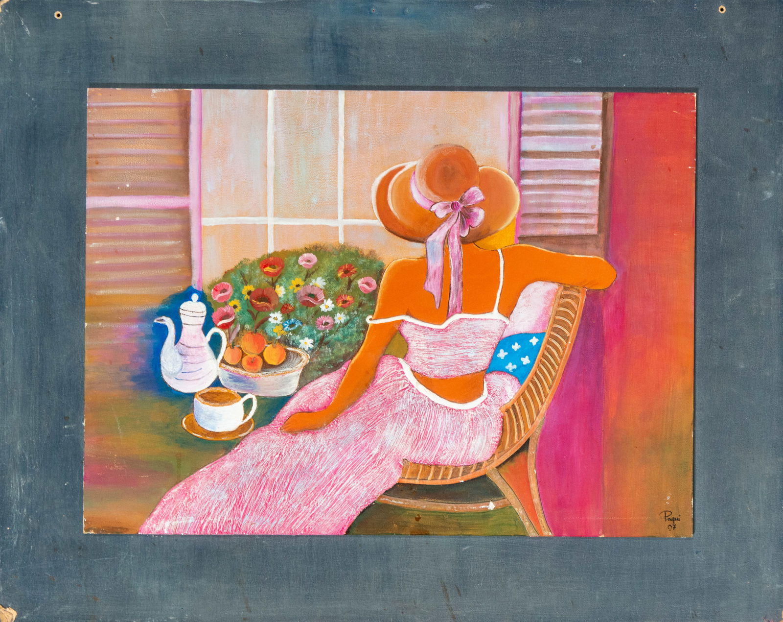 Paqui. Spanish School. 2007.: Oil on panel. Dimensions: 85 x 68 cm. A modern depiction of a lady seated on a terrace with flowers, rendered in vibrant shades of orange, pink, and blue. The composition combines figurative elements