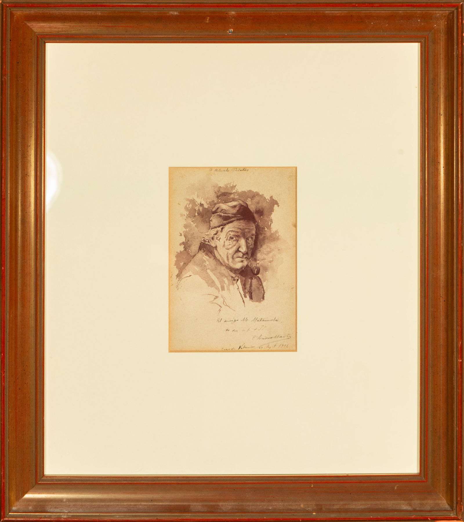 Portrait of a gentleman with a pipe. European School. 19th century.: Watercolor on paper. Dimensions: 17 x 12 cm unframed, 47 x 41 cm framed. Portrait of an elderly gentleman with a cap and pipe, executed with exquisite subtlety of line and mastery of chiaroscuro. The