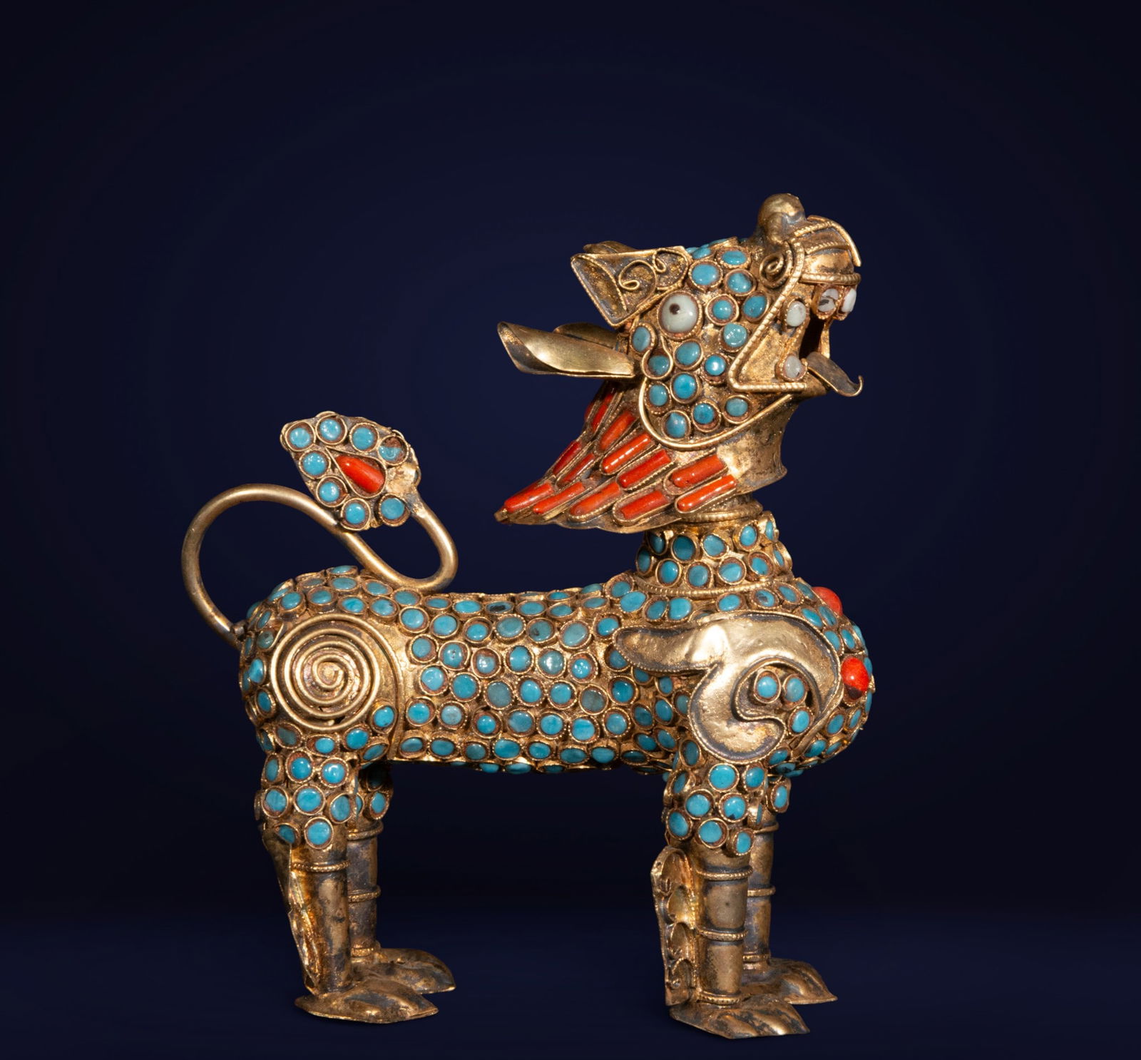 Tibetan dragon inlaid with turquoise and coral. 19th century. (1 of 4)