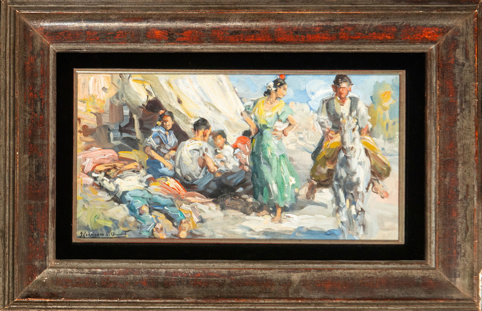 Figures on horseback. Rodriguez Sanchez Clement. Valencian School. 20th Century: Oil on canvas. Dimensions: 45 x 25 cm; framed: 65 x 45 cm. A genre scene in a Mediterranean setting, signed by Francisco Rodríguez San Clemente, an artist from Alicante active in the first half of th