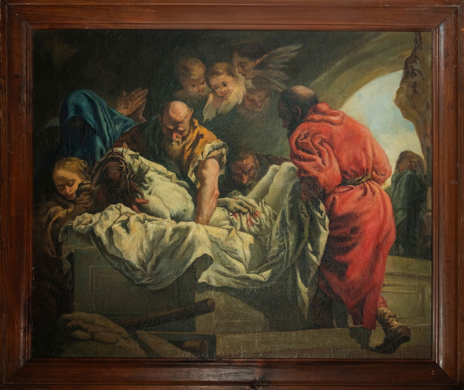 The Holy Burial of Christ, Italian school, 19th century: Oil on canvas. Canvas measurement: 80 x 96, framed measurement: 95 x 110 cm