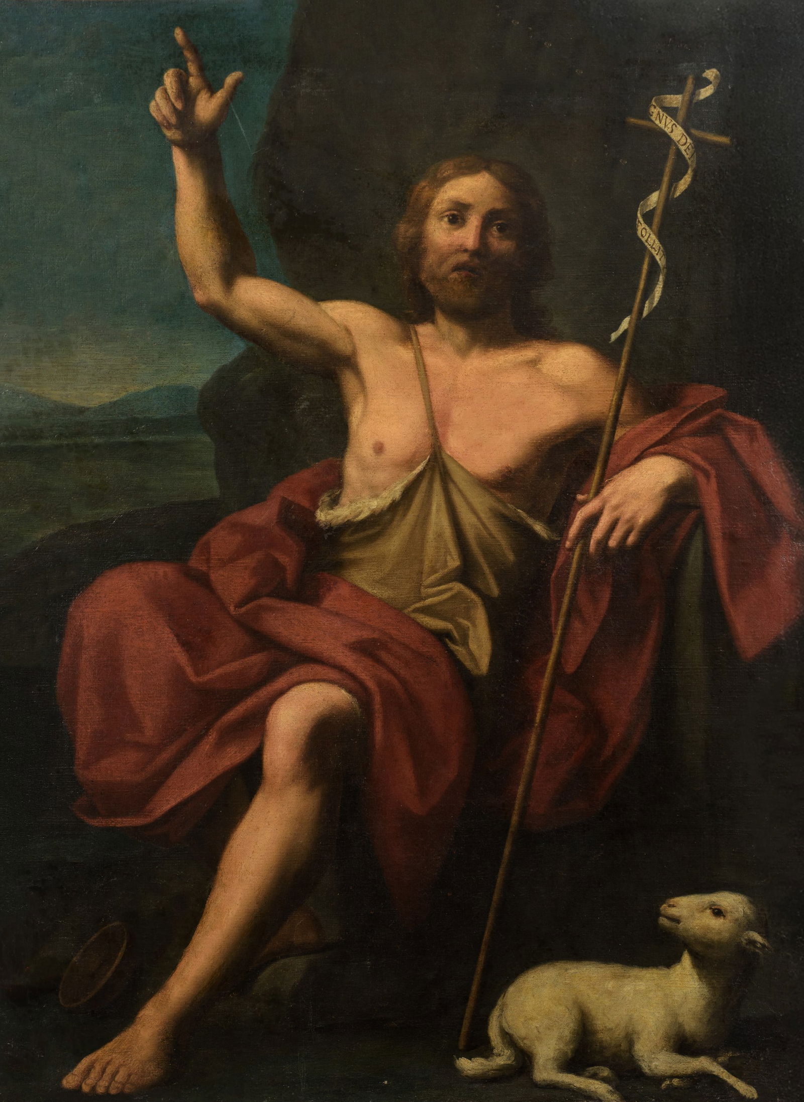 Bolognese Italian Master of the 17th - 18th Centuries - Saint John the Baptist in the Desert: Oil on canvas. Dimensions: 85 x 63 cm. This work depicts Saint John the Baptist seated on rocks, in a reclining posture but with a clear expressive intention. His right arm is raised in a haughty and