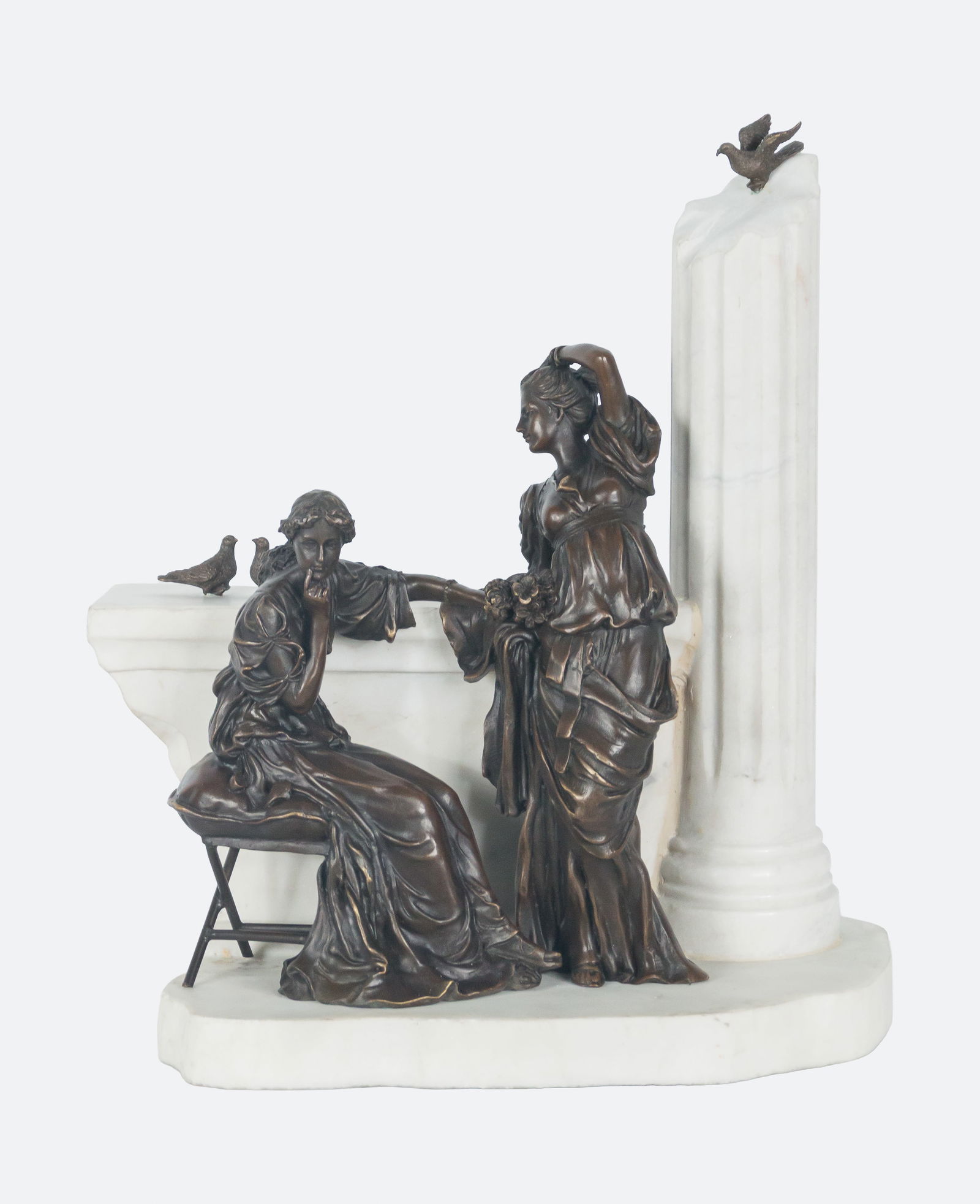 Large Bronze Sculpture Signed Milo. Contemporary School. 20th century.: Bronze and marble. Dimensions: 36 x 34 x 22 cm. Double scene in which two female figures rest in a melancholic attitude on a stone bench, while birds flutter around them. The composition, with its sof