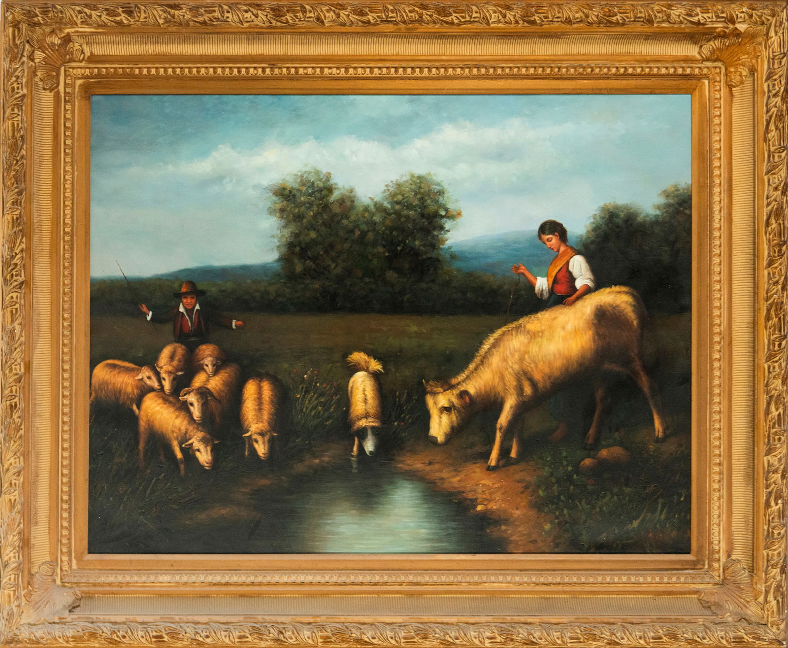 Shepherds with flock. European school. 19th century: Oil on canvas. Dimensions: 100 x 75 cm (light) / 129 x 103 cm (framed). A rural scene depicts a young shepherdess leading a flock of sheep toward a small watering hole, while another shepherd observes