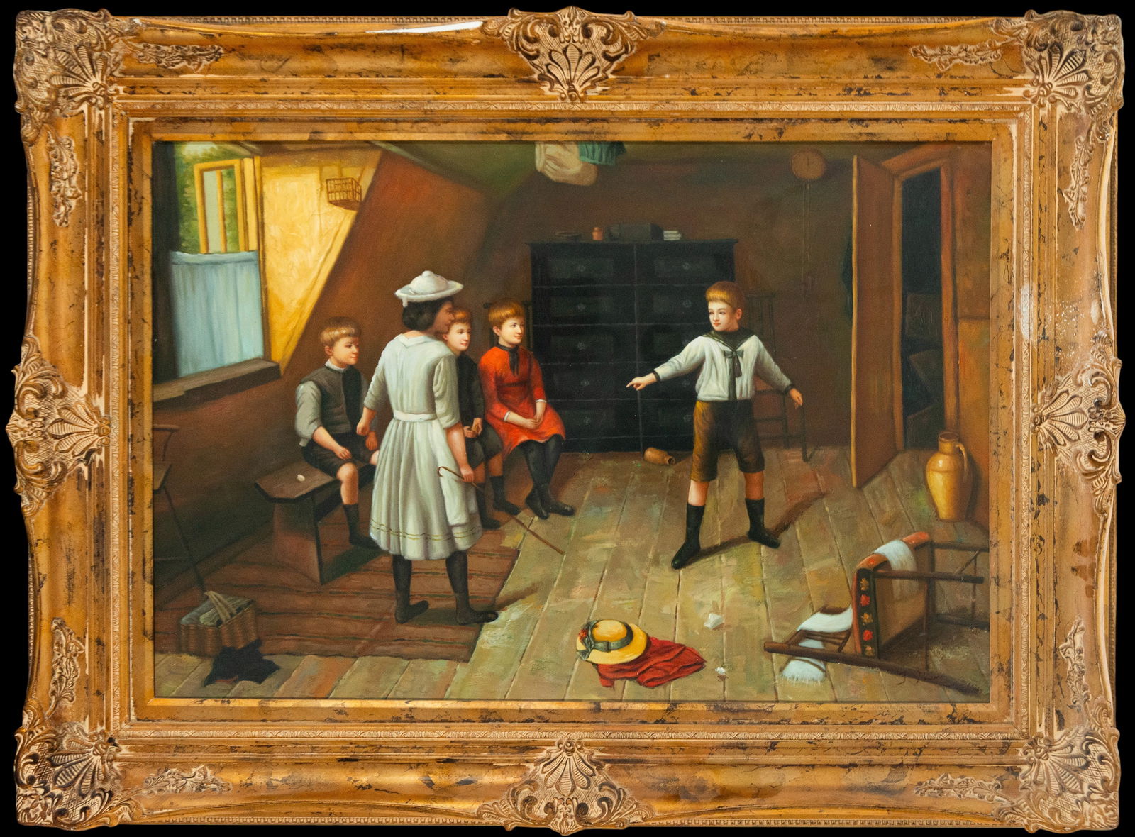 Children's scene in an attic. Signed G. Ronner. Genre painting school. 19th century. (1 of 5)
