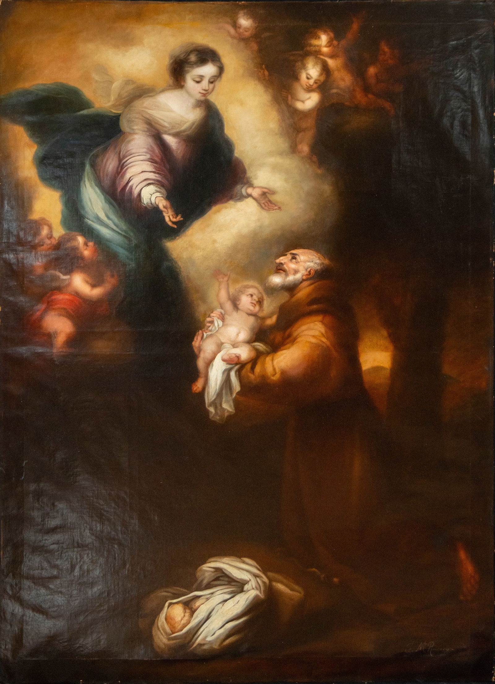 Oil painting of Saint Anthony and the Child Jesus receiving the Virgin Mary: Measurements: 169 cm x 113 cm